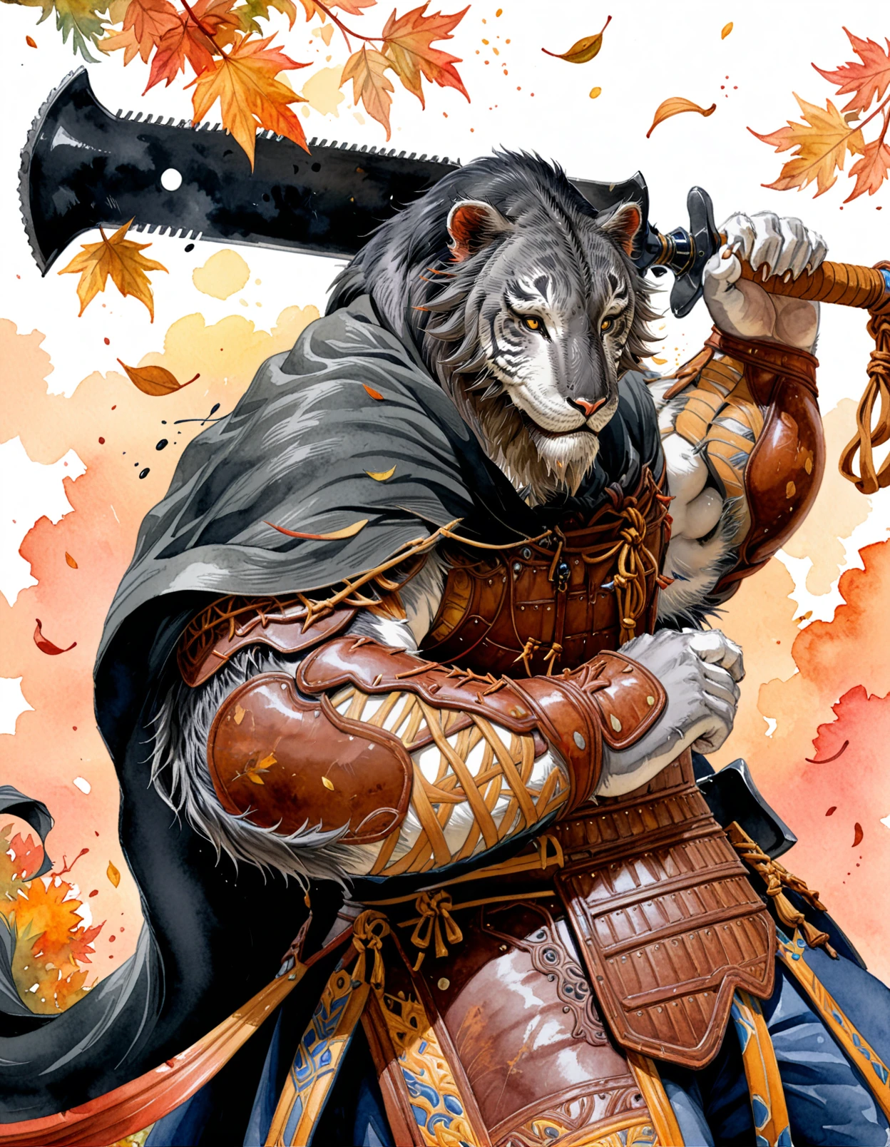 yinhu, tiger, (watercolor:1.2), ink splash, best quality, masterpiece, solo, anthro, male, mane hair, beard, yellow eyes, side view, weapon on shoulder, holding broadsword, falling leaves, nature background, black cape, armor, vambrace,
<lora:BlackMythYinHu_seaart-1.0.12:1>