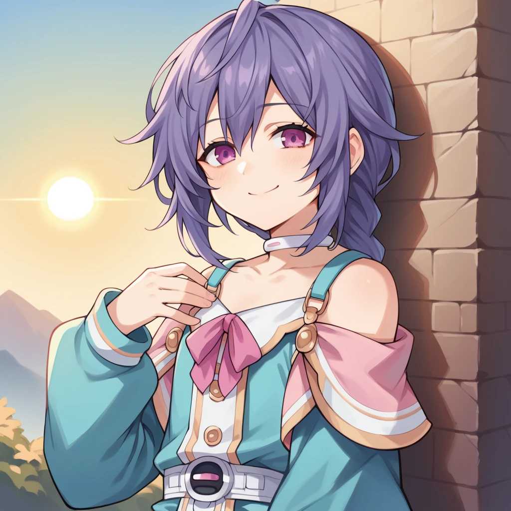 score_9_up, score_8_up, score_7_up, source_anime, 1girl, solo, PlutNep, Plutia, sun light, standing, face focus, upper body, looking at you, gentle smile, sleepy, from side, angled shot, one hand on chest, braided ponytail, purple hair, purple eyes, strap dress, shoulder straps, detached sleeves, striped thighhighs, white belt, aqua dress, white skirt, pink ribbon, wide sleeves, aqua sleeves, long sleeves, pink bow, hair bow, white choker, collarbone,  dynamic cowboy shot, outdoors, sky clouds background