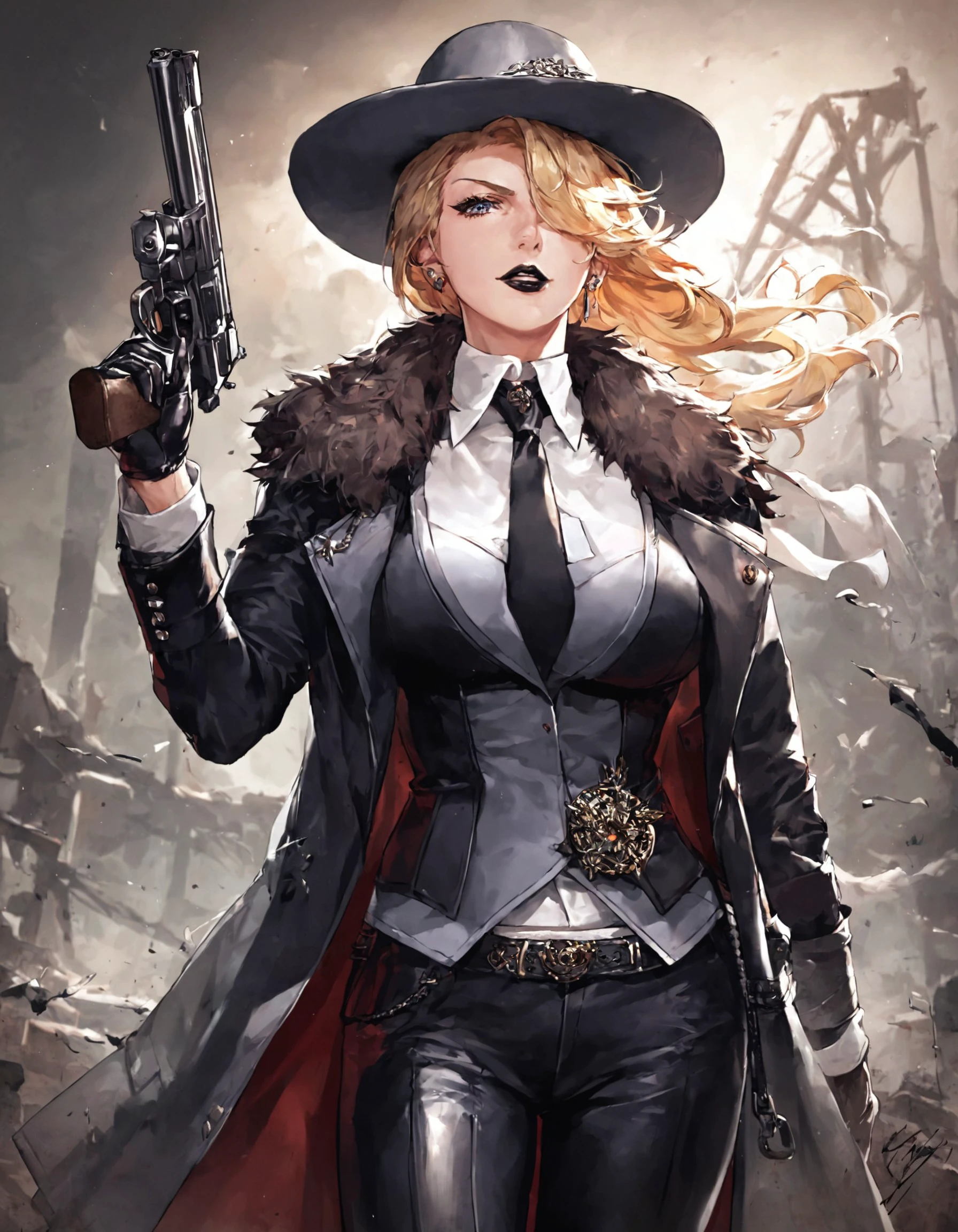 (score_9, score_8_up, score_7_up), (source_anime), (masterpiece), best quality, styleptn, weapon, necktie, gloves, limousine, leather, hair over one eye, fur trim, 1girl, jacket, coat, formal, handgun, suit, pants, standing, looking at viewer, black gloves, grey fedora, hat, short hair, black pants, long hair, blonde hair, black jacket, Black lips, confident, Post apocalyptic, Mature female, cowboy shot, mysterious, Dutch angle, dark themes, 