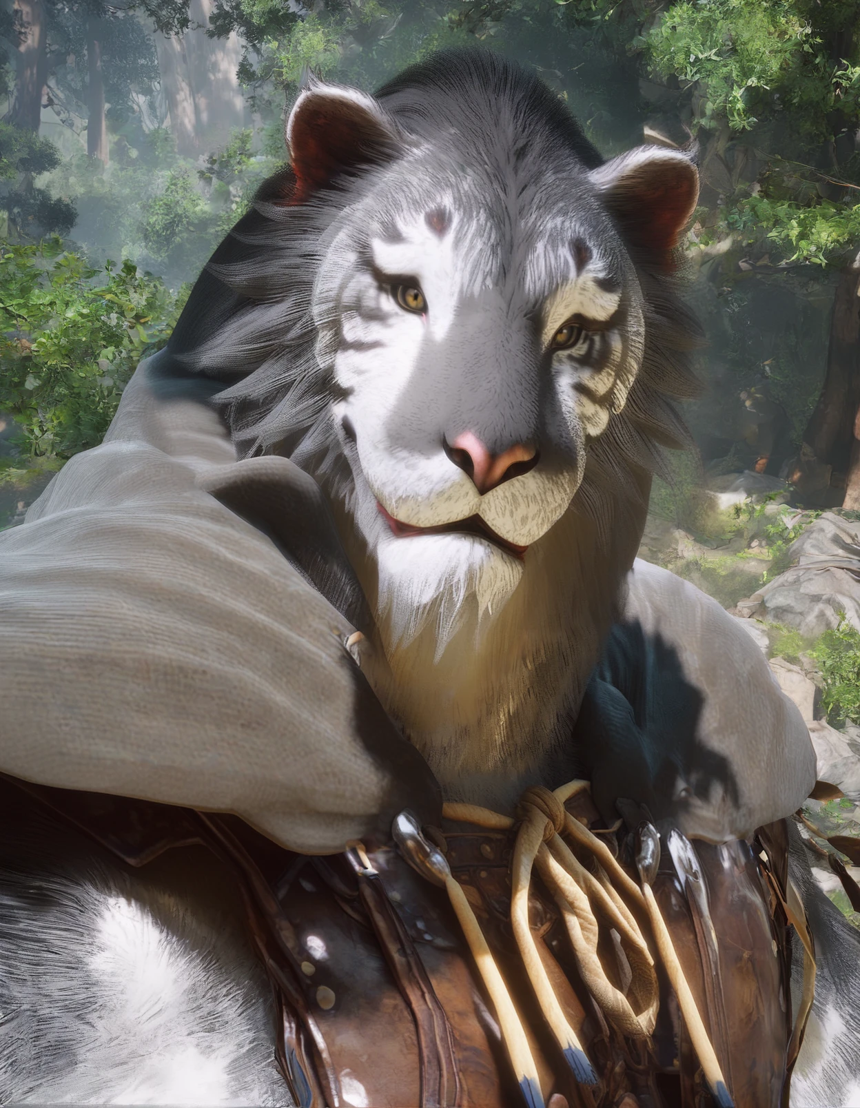 yinhu, 3d \(artwork\), tiger,  score_9, score_8_up, score_7_up, anthro, solo, male, mane hair, beard, looking at viewer, smile, black cape, leather armor, tree, forest, detailed background, yellow eyes, slit pupils, under shade, detailed fur, 
<lora:BlackMythYinHu_1.0.18:1>