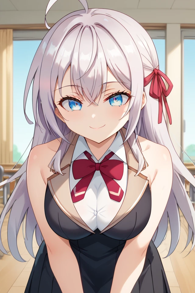 score_9, score_8_up, score_7_up, perfect eyes, easynegative, negative_hand, (1girl), solo, alisa mikhailovna kujou, blue eyes, (silver hair), long hair, red hair ribbon, standing, sexy, erotic, seductive smile, white shirt, ahoge, school black dress, white thighhighs, closed mouth, perfect body, perfect anatomy, perfect proportions, ((masterpiece)), ((best quality)), supreme masterpiece, highest resolution, looking at viewer, big breasts, <lora:Alisa Mikhailovna Kujou PonyXL-06:1>