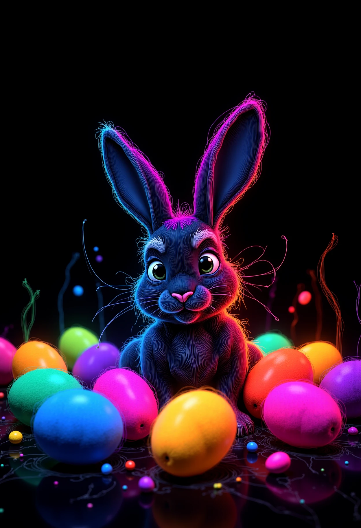 neon line art, black background,an easter bunny in a sea of colorful eggs, in the style of photorealistic renderings, vibrant stage backdrops, photobash, happycore, soft realism, 32k uhd, depictions of animals