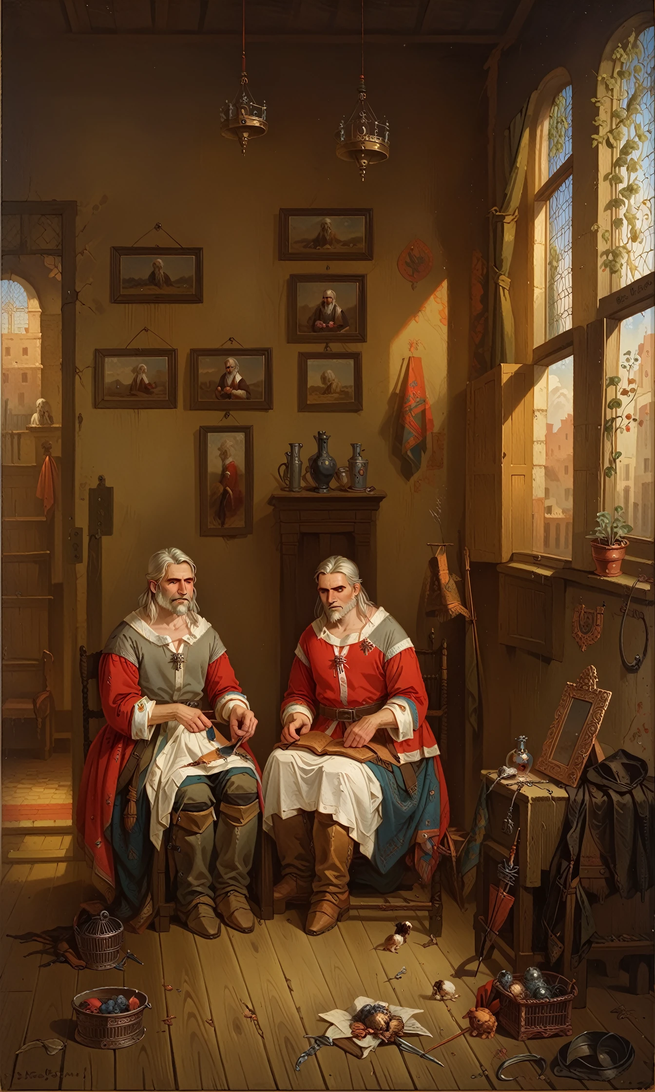 <lora:alexis-van-hamme_pony_v1:1> ' Geralt of Rivia, the witcher ' by hamme van alexis in 1863, Academicism \(style\), The artwork is a painting of geralt sitting in a room pondering the meaning of life, grey hair, grey beard, score_9, score_6_up, score_7_up