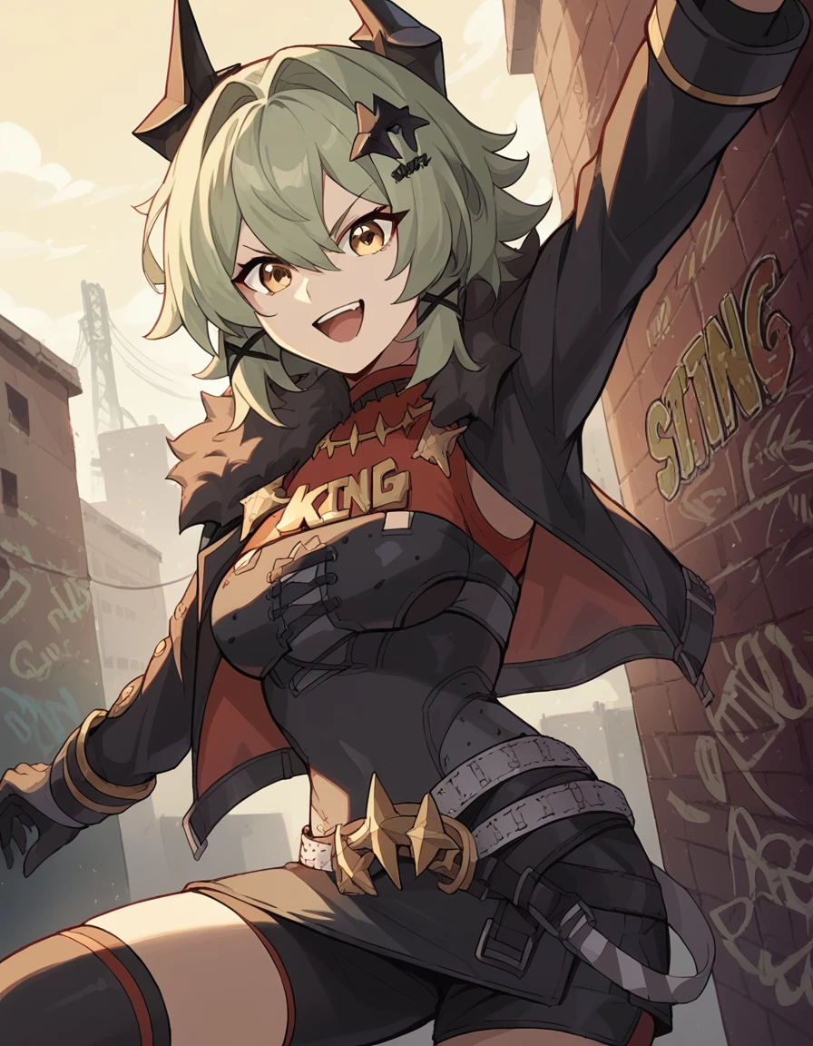 score_9, score_8_up, score_7_up, source_anime, <lora:caesar-king-ponyxl-lora-nochekaiser:1>, caesar king, green hair, short hair, hair between eyes, sidelocks , yellow eyes, confident, hair intakes, v-shaped eyebrows, happy, black gloves, black shorts, black shirt, black thighhighs, gloves, black skirt, grey belt, fur-trimmed jacket, elbow gloves, fur trim, hair ornament, open jacket, emblem, black horns, , abandoned gas station, graffiti-covered walls, old fuel pumps, cowboy shot, dutch angle, hand reaching forward, knee up, arm down