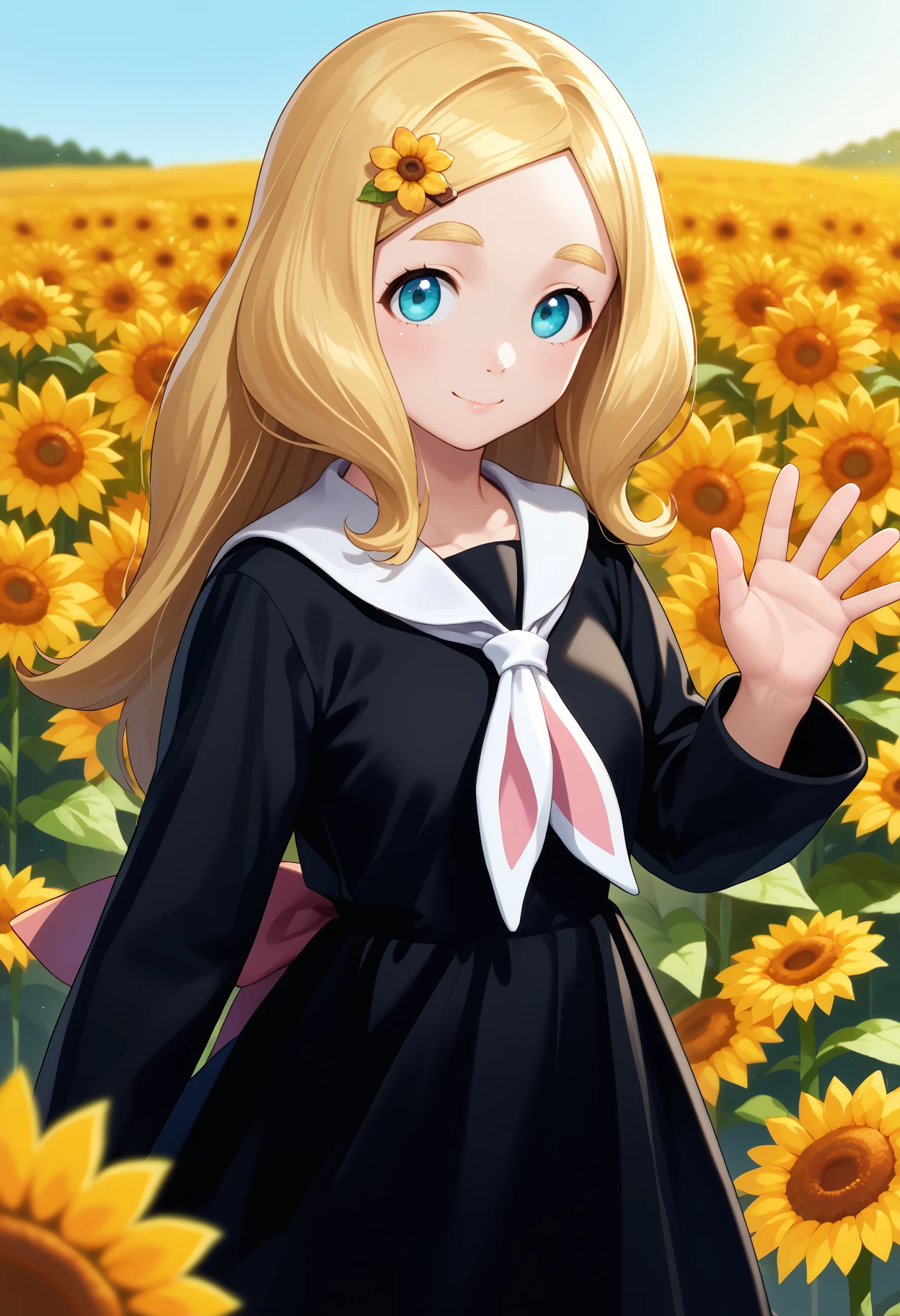 score_9, score_8_up, score_7_up, source_anime, <break> solo, 1girl, shinonome megu, smile, looking at you, waving, long hair, blonde hair, parted bangs, hair flower, hairclip, blue eyes, thick eyebrows, black dress, sailor dress, white sailor collar, neckerchief, long sleeves, outdoors, sunflower field
<segment:yolo-face_yolov8m.pt,0.4,0.5//cid=1>