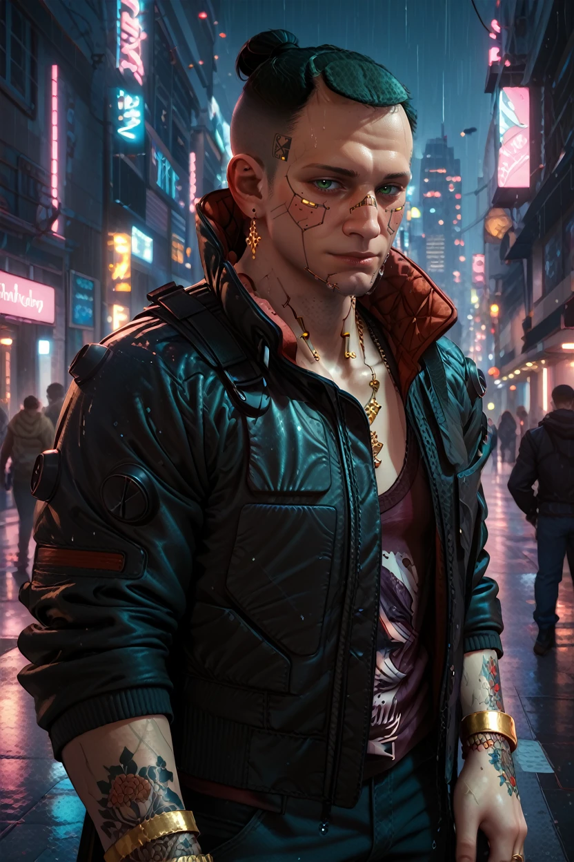 score_9, score_8_up, score_7_up, score_6_up
<lora:CyberJackie:1.0>
CyberJackie, 1boy, black hair, undercut, green eyes, muscular, tattoos, cyberpunk, looking at viewer, standing in a rain-soaked street at night, wearing a trench coat, water droplets glistening, moody and cinematic, city lights reflecting in puddles