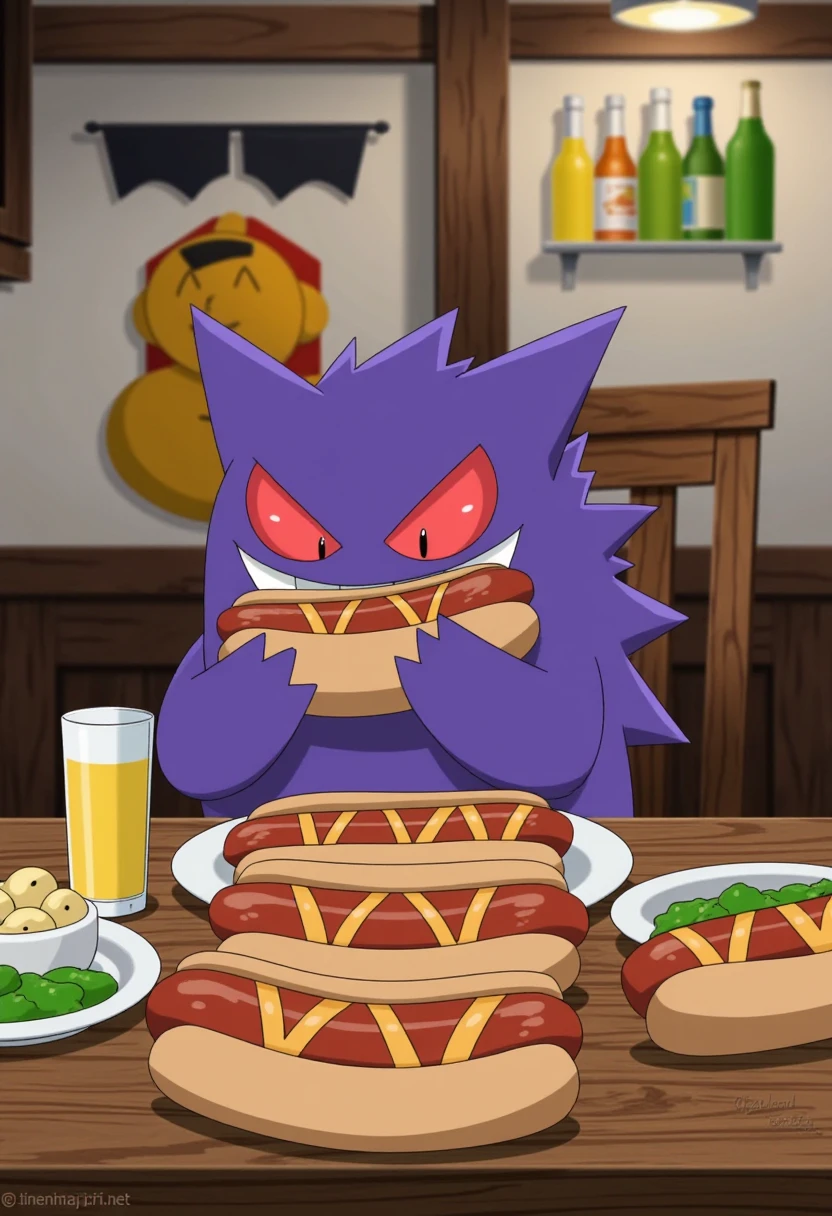 gengar sitting at a table eating lots of hot dogs