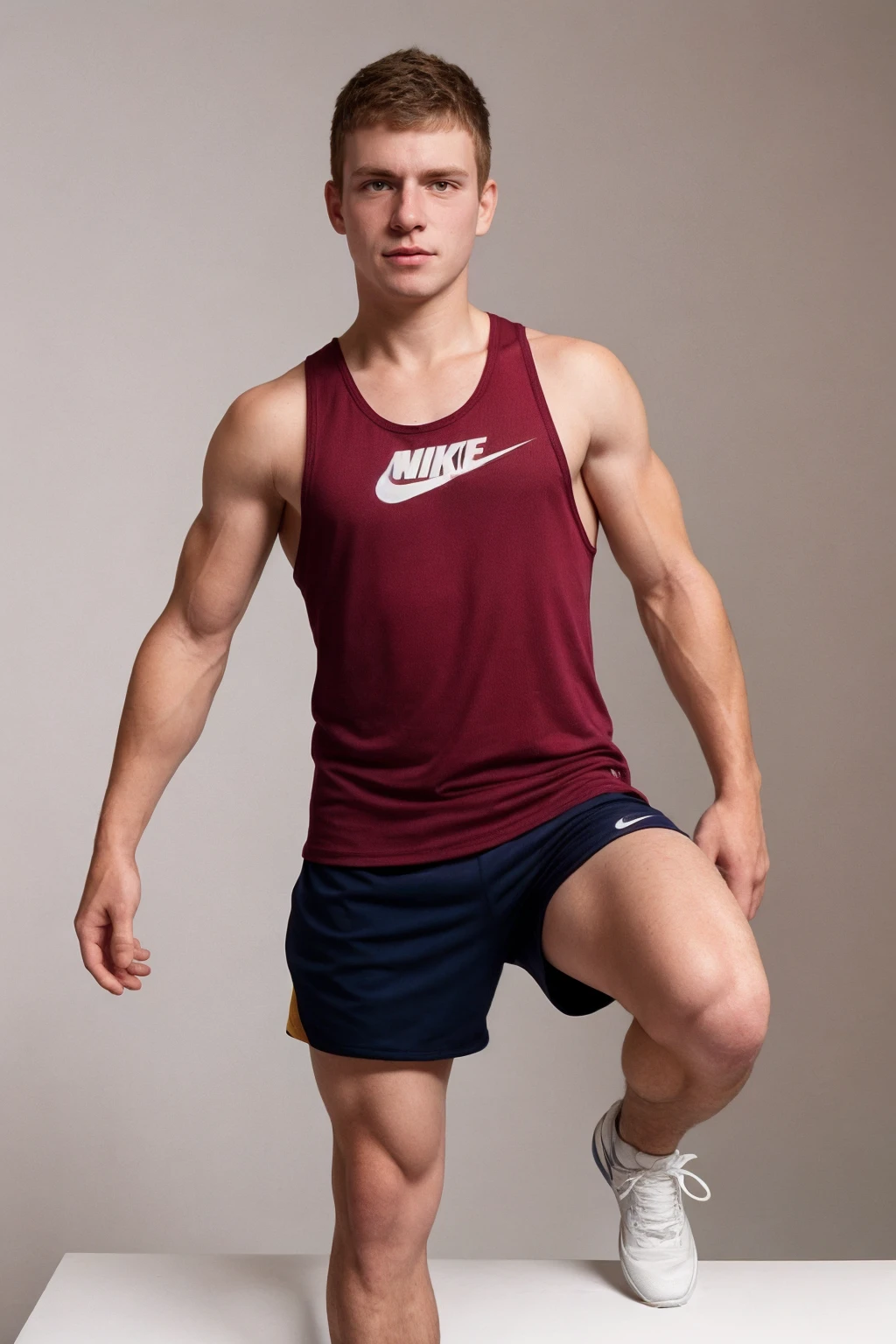 (dynamic pose:0.5) <lora:sc_curtis_sd15_epoch_7:0.8> caucasian male crtsperson, wearing Maroon tank-top shirt and athletic shorts and sneakers, white background, Nike, posing against a simple background, photoshoot, soft directional lighting