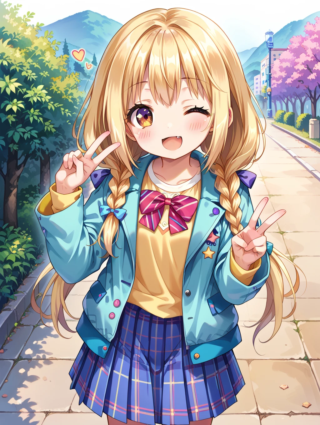 score_9, score_8_up, score_7_up,source_anime,
1girl,
outdoors, 
solo, one eye closed, skirt, jacket, braid, blonde hair, twin braids, v, smile, open mouth, twintails, long hair, yellow shirt, shirt, looking at viewer, open jacket, purple skirt, plaid, plaid skirt, skin fang, blush, low twintails, multicolored jacket, star \(symbol\), long sleeves, pleated skirt, fang, multicolored clothes, open clothes, white background, hair bow, heart, bow, aqua jacket, brown eyes, blue skirt, ;d, dot nose
 <lora:style009:0.6>