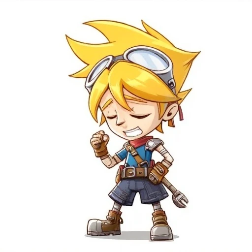 featuring a stylized character with exaggerated features and vibrant colors. The character is a young boy with bright yellow hair styled in a spiky, white male, closed eyes, thick eyebrows, knee pad, style parody, featuring a young adventurer. The character has bright yellow hair styled in a spiky, with a wide smile and bright, blonde hair, pointed manner and wears a pair of white, simple background, featuring a stylized character with a youthful, cartoon-style. The subject is a young, happy looking at viewer, bright yellow hair and piercing green eyes. He wears a pair of white, confident expression, sad, with a slight frown and narrowed eyes, suggesting motion. His facial expression is one of determination or concentration, round goggles with a leather strap on his forehead, belts, white background, wind-blown manner, cartoonish art style