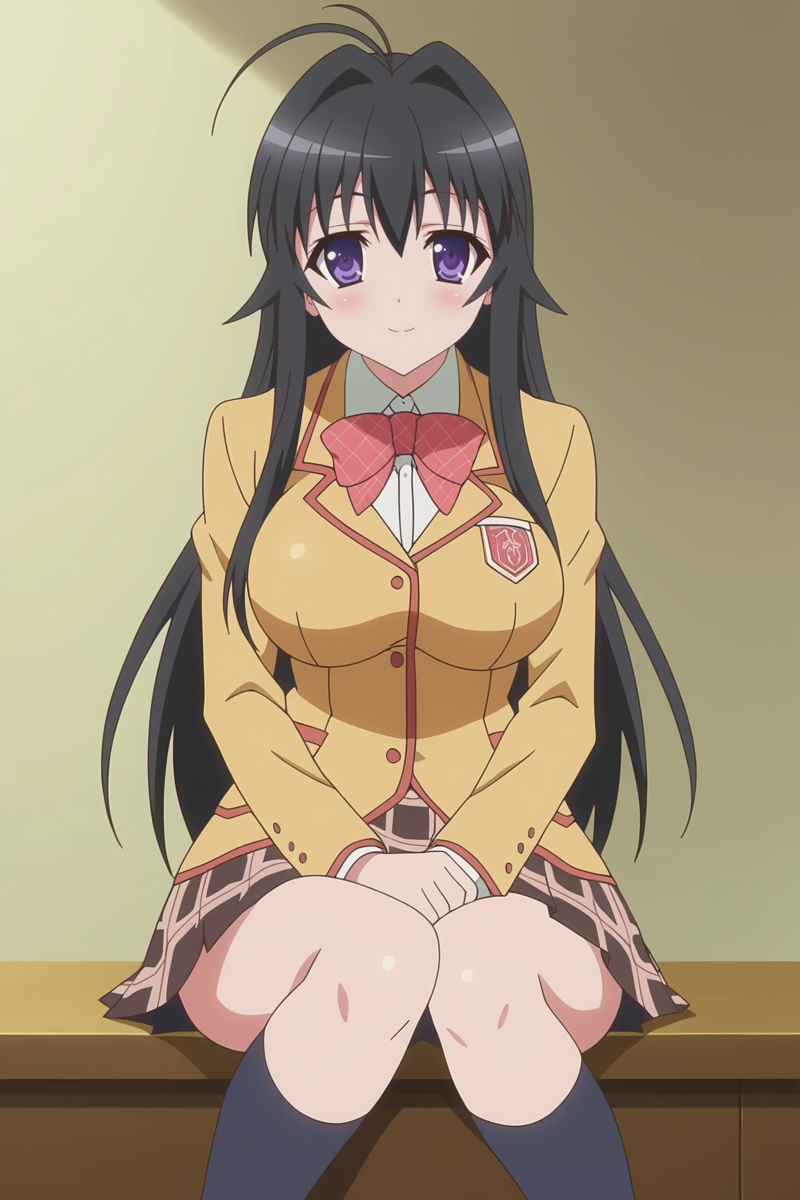 score_9, score_8_up, score_7_up, source anime, prefect lighting, very aesthetic, BREAK, anime coloring, anime screencap,
<lora:minamoto_chizuru_v1-pdv6:1>, 1girl, minamoto chizuru, kanokon, purple eyes, black hair, long hair, large breasts,
school uniform, long sleeves, plaid skirt, bow, kneehighs,
BREAK, light smile, blush, looking at viewer,
BREAK,