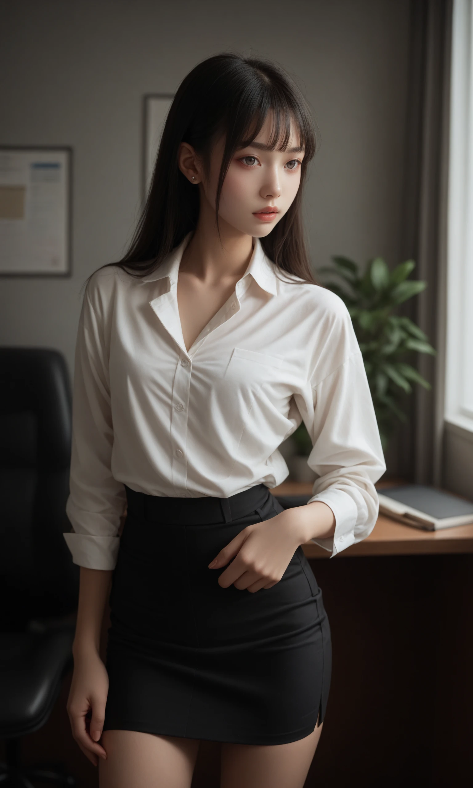 score_9, score_8_up, score_7_up, score_6_up, score_5_up, score_4_up, dark theme, 20YO, japanese beautiful girl, She is dressed in a white blouse and a black pencil skirt, standing in front of an office desk. (The background depicts a busy office scene.)