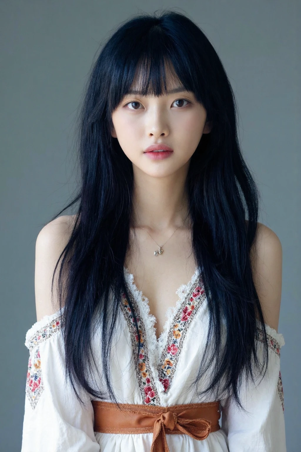 bright photo of beautiful korean girl with dark blue long hair wearing bohemian dress with belt, necklace, dslr, studio lighting, high quality, film grain, light reflections, blood vessels, pale skin, detailed skin, <lora:flux_realism_lora:1>, <lora:makinaflux_gomalsook_v1.0:1>