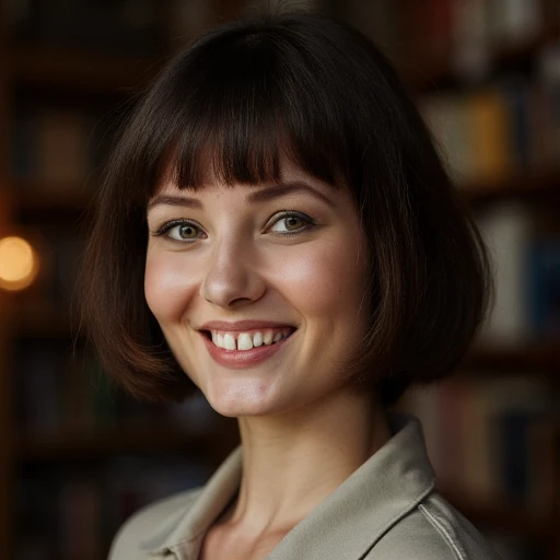 Portrait of a librarian with green eyes and a french bob cut, smiling with a gap between her front teeth