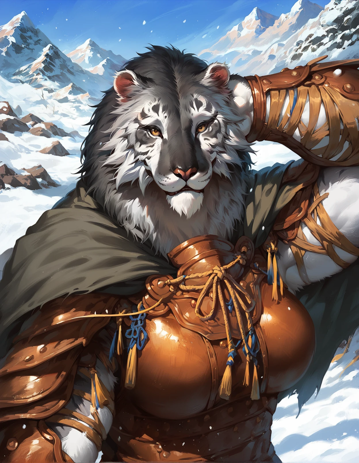 score_9, score_8_up, score_7_up, yinhu, tiger, anthro, solo, female, mane hair, beard,  yellow eyes, glistening eyes, smile, black cape, breast armor, armor, vambrace, hand behind head, laugh, half-length portrait, looking at viewer, snow, mountain,
<lora:BlackMythYinHu_1.0.18:1>