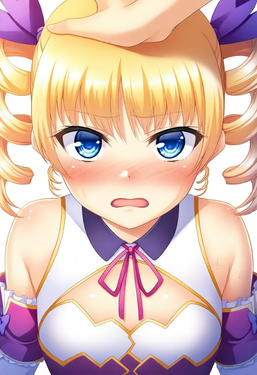 1girl, karin, blonde hair, blue eyes, drill hair, flat chest, short hair, twintails, upper body, sweatdrop, headpat, pov, sweat, looking at viewer, long sleeves, out of frame, hand on another's head, solo focus, ribbon, frown, white background, open mouth, blush, nose blush, embarrassed, simple background, best quality, amazing quality, very aesthetic, absurdres, <lora:char-karin>