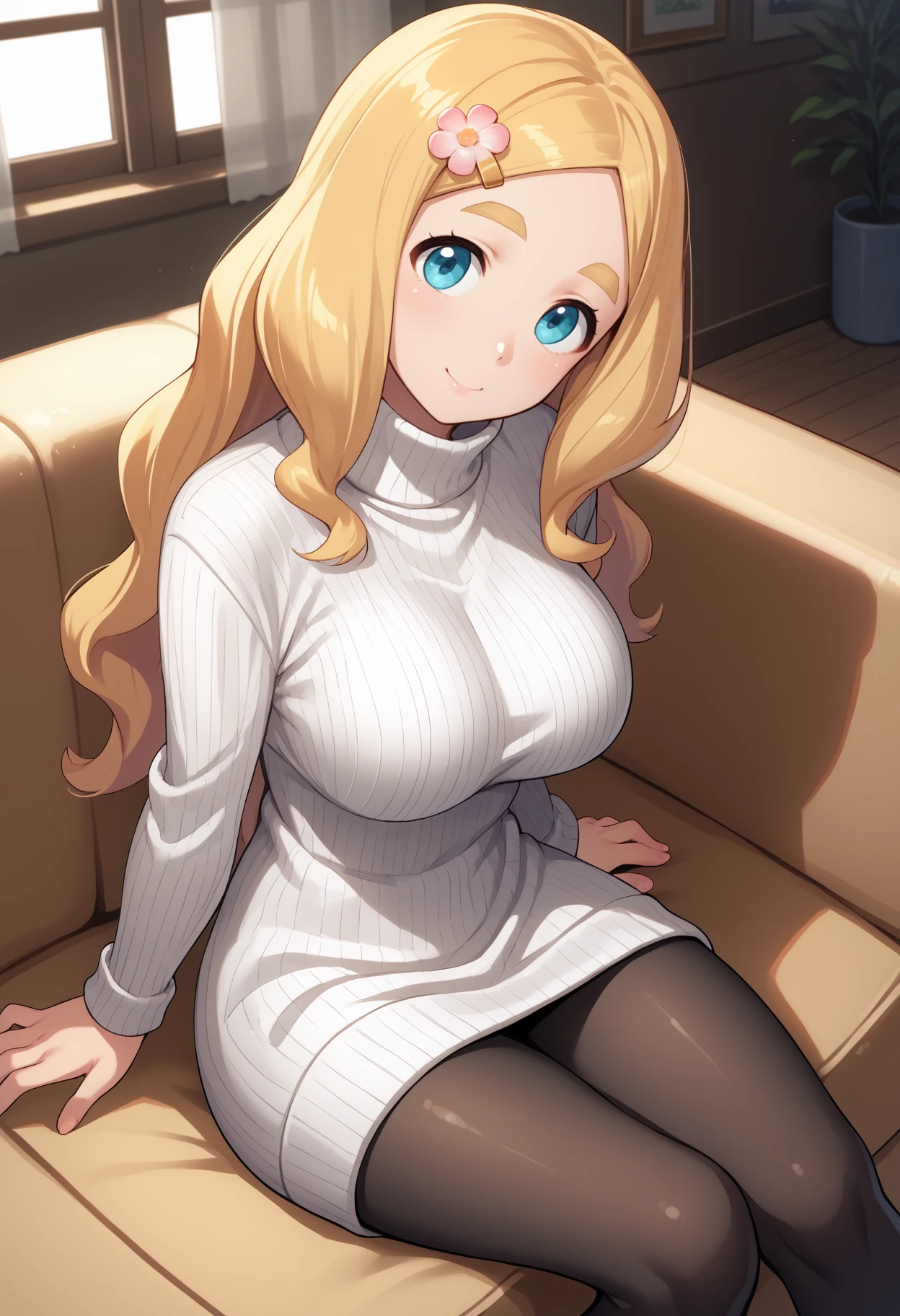 score_9, score_8_up, score_7_up, source_anime, <break> solo, 1girl, shinonome megu, smile, looking at you, sitting, couch, long hair, blonde hair, parted bangs, hair flower, hairclip, blue eyes, thick eyebrows, white sweater, sweater dress, ribbed sweater, turtleneck, black pantyhose, large breasts, indoors, living room
<segment:yolo-face_yolov8m.pt,0.4,0.5//cid=1>