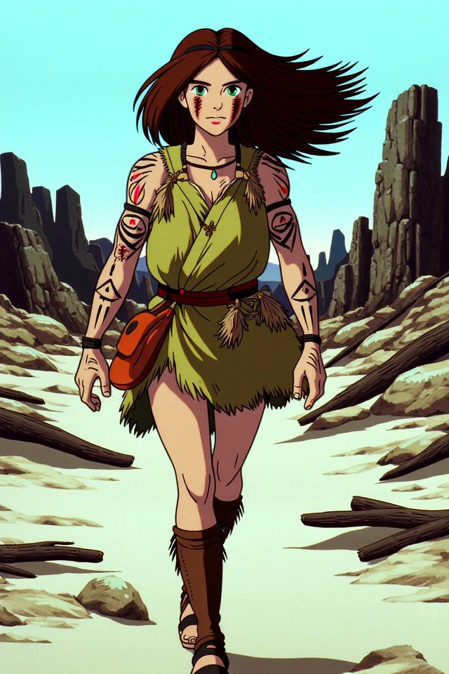 Illustration of an 18-year-old post-apocalyptic nomad, a wanderer traversing the desolate wasteland with grace and resilience. Her features captivate with a lovely face, striking emerald eyes, and freckles dusting her weathered skin. Tribal tattoos embellish her arms, telling stories of survival and adaptation. Her hair, a cascade of chestnut waves, dances in the wind as she moves with purpose through the barren landscape. Draped in tattered, earth-toned fabrics, she exudes an aura of rugged beauty and resourcefulness. With a stoic yet alluring expression, she strikes a pose against the backdrop of crumbling ruins and distant horizons, embodying the spirit of resilience in a world forever changed.