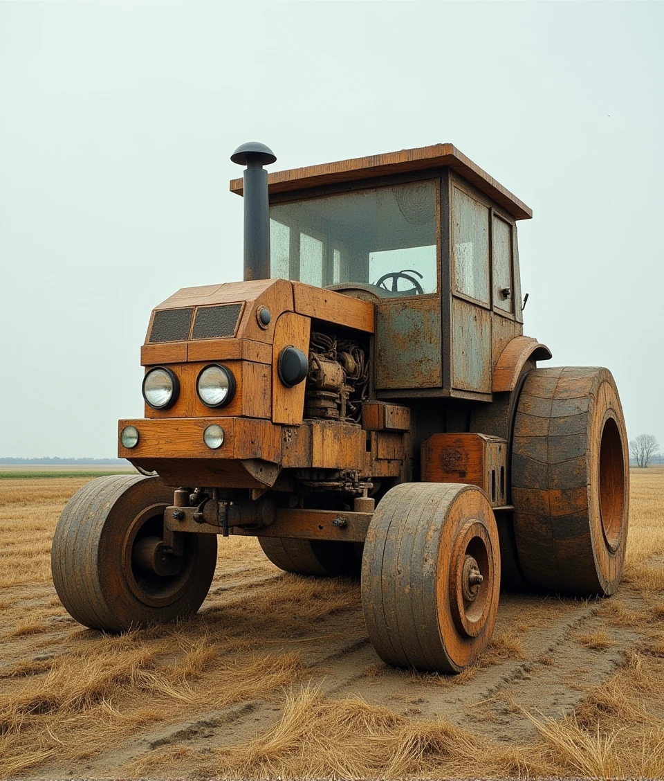 a tractor,staggered fragmentary wooden blocks,,working on field,