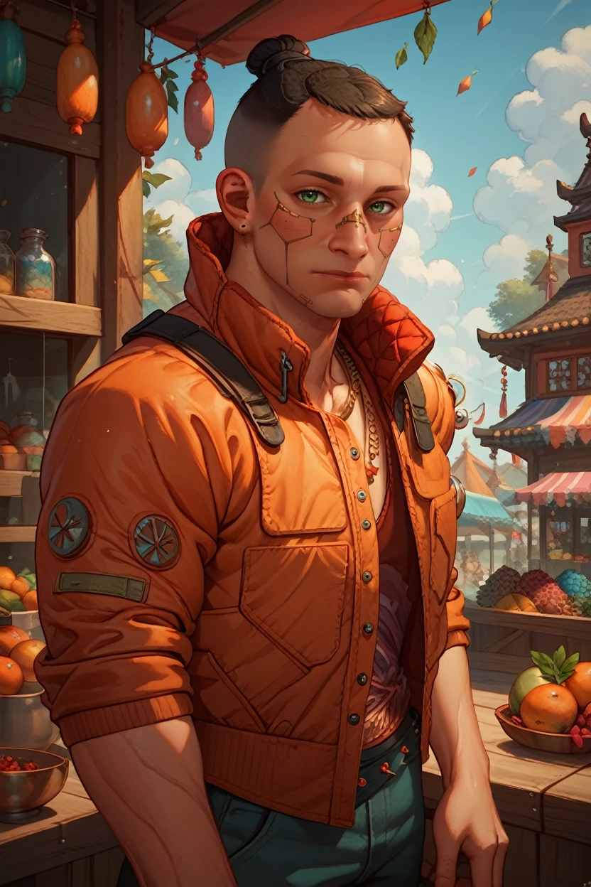 score_9, score_8_up, score_7_up, score_6_up
<lora:CyberJackie:1.0>
CyberJackie, 1boy, black hair, undercut, green eyes, muscular, looking at viewer, at a bustling market, wearing casual clothes, surrounded by vibrant stalls, spices and fruits, lively and colorful scene, engaging with locals