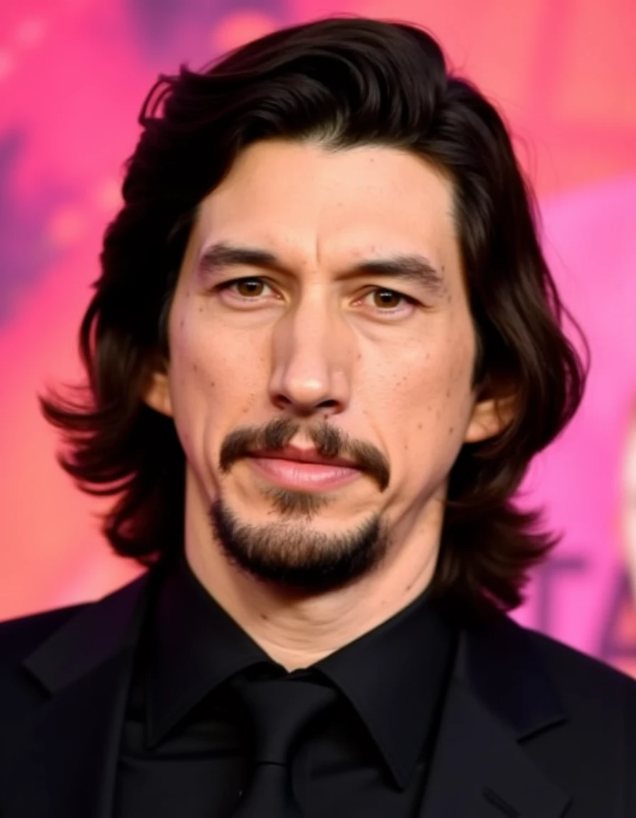 <lora:AdamDriver_FLUX:1> Adam Driver, facial hair
This is a photograph of a man with medium-length, dark brown hair styled in loose waves, parted on one side. He has a neatly trimmed beard and mustache. His skin tone is medium to light brown. He is wearing a black suit jacket over a black dress shirt, with a black tie, giving him a formal, polished appearance. The background features a vibrant, colorful backdrop with a gradient of pink and red hues, likely from a movie poster or promotional material.