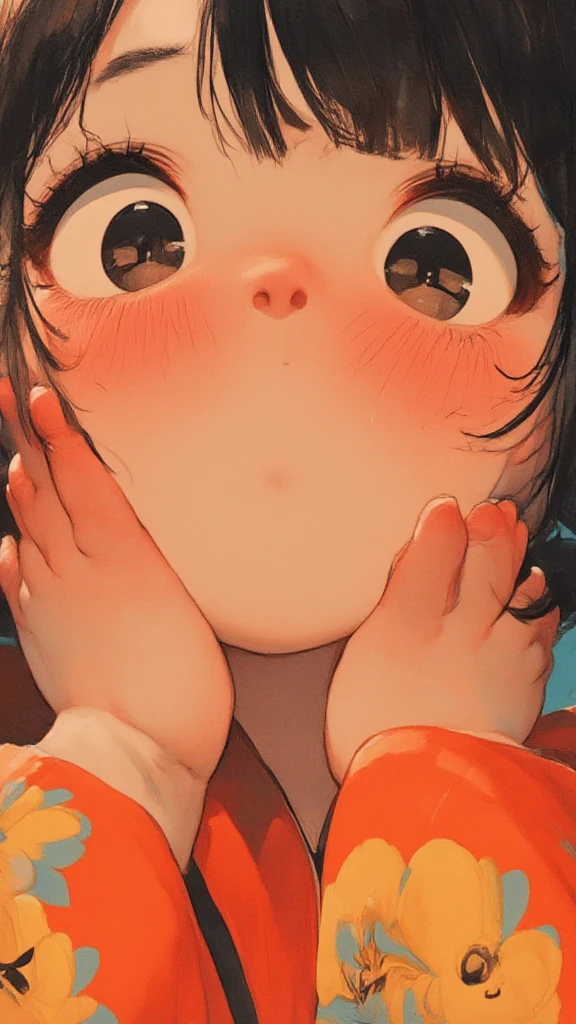********,close-up face,a stylized illustration of a girl with surprised expressive eyes and blush,