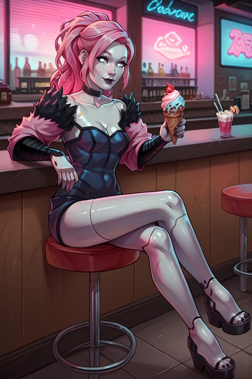 score_9, score_8_up, score_7_up, score_6_up
<lora:CyberLizzy:0.9>
CyberLizzy, 1girl, silver skin, white eyes, android, long hair, pink hair, cyberpunk, looking at viewer, looking at viewer, smiling, sitting, on stool, inside diner, counter, holding ice cream cone