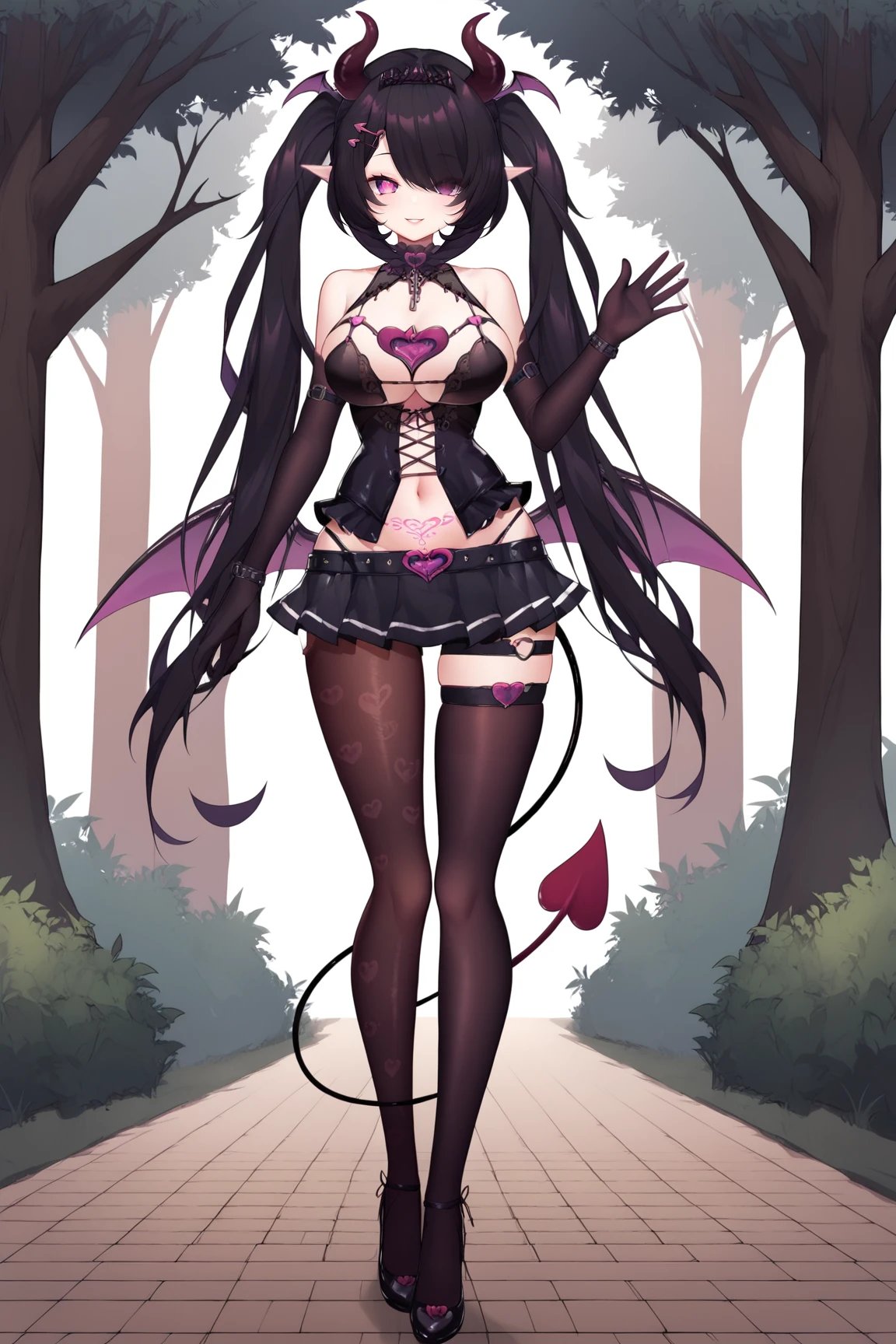 score_9, score_8_up, score_7_up, score_6_up, BREAK, SuccubusGirlMVTXL, purple eyes, black hair, long hair, hair over one eye, eye visible through hair, twintails, hair ornament, tiara, head wings, pointy ears, horns, large breasts, pubic tattoo, demon wings, demon tail, bare shoulders, cleavage, black dress, navel, black elbow gloves, black belt, black skirt, black thighhighs, black shoes, solo, full body, standing, (waving), seductive smile, looking at viewer, forest <lora:SuccubusGirlMVTXL:0.8>