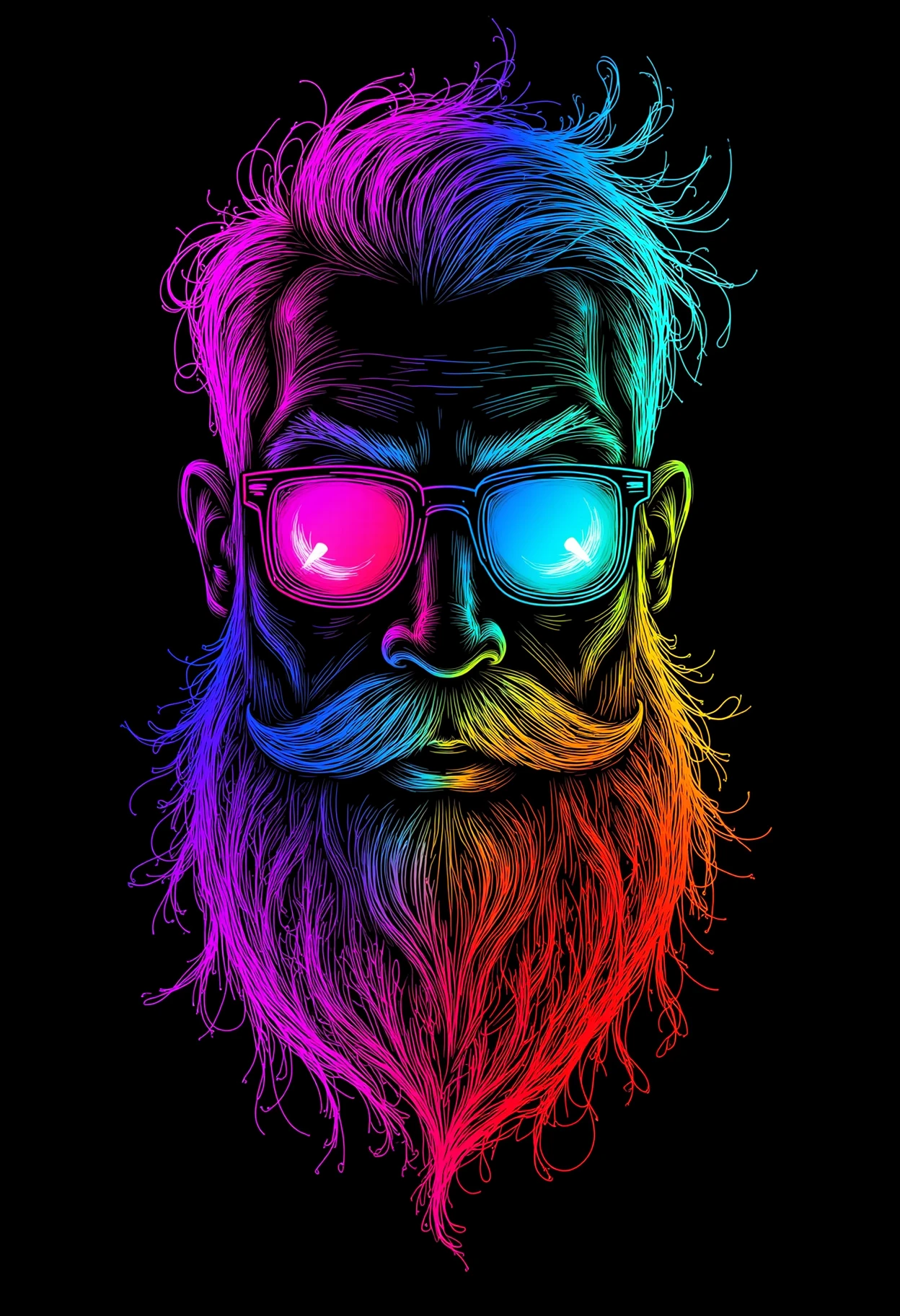 neon line art, black background,graphic of a beard with eyes and glasses and watermelon, in the style of psychedelic neon, hd, vibrant murals, sergey musin, dan mumford, playful characters