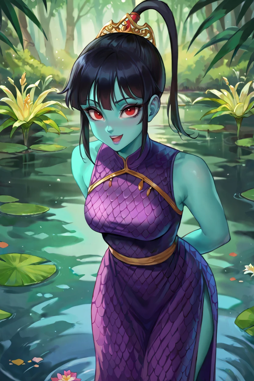 score_9,score_8_up, score_7_up, BREAK ict style, lily, aqua skin, black hair, red eyes, bangs, high ponytail, purple scale dress, hands behind back, contrapposto, leaning forward, side slit, smile, open mouth, looking at viewer, lips, nose,sleeveless, nature, pond,gold tiara,  (from side:0.6),  <lora:PrincessSnakePony:1>