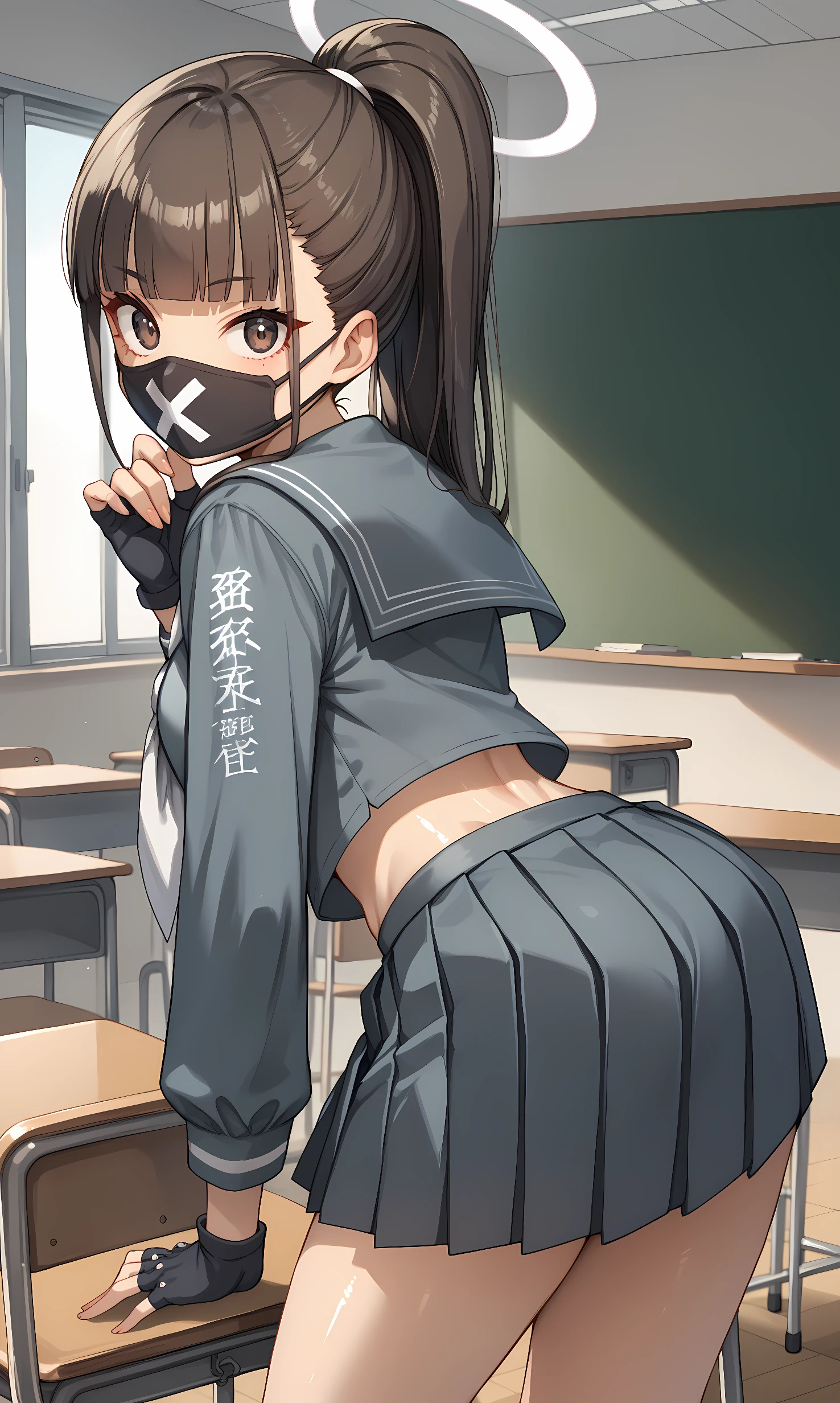 score_9, score_8_up, score_7_up, source_anime, 1girl, solo, indoors, classroom, cowboy shot, standing, looking at viewer, shiny skin, sukeban, brown eyes, brown hair, long hair, ponytail, blunt bangs, halo, mouth mask, school uniform, grey shirt, long sleeves, black gloves, fingerless gloves, grey serafuku, white neckerchief, grey skirt, pleated skirt, midriff, navel, high heels, from behind, bent over, arm support