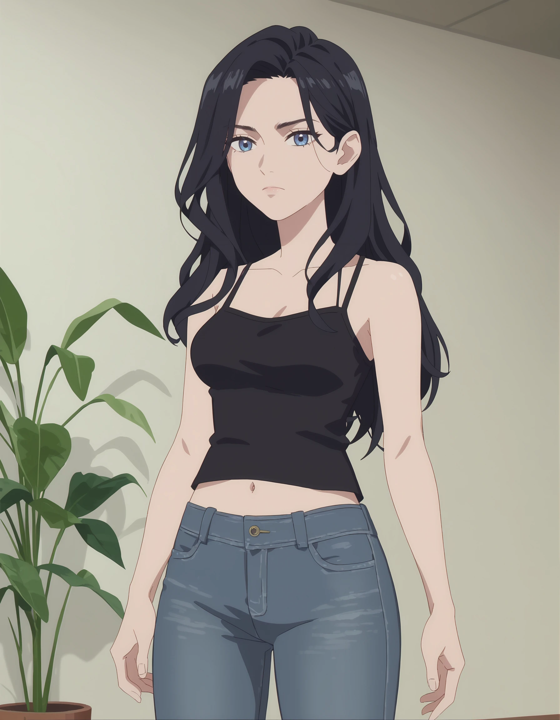 score_9, score_8_up, score_7_up, anime screencap
BREAK 1girl, solo, black hair, long hair, medium breasts, <lora:Camisole1XL-v1-03:1>, black camisole, midriff, navel, jeans, cowboy shot