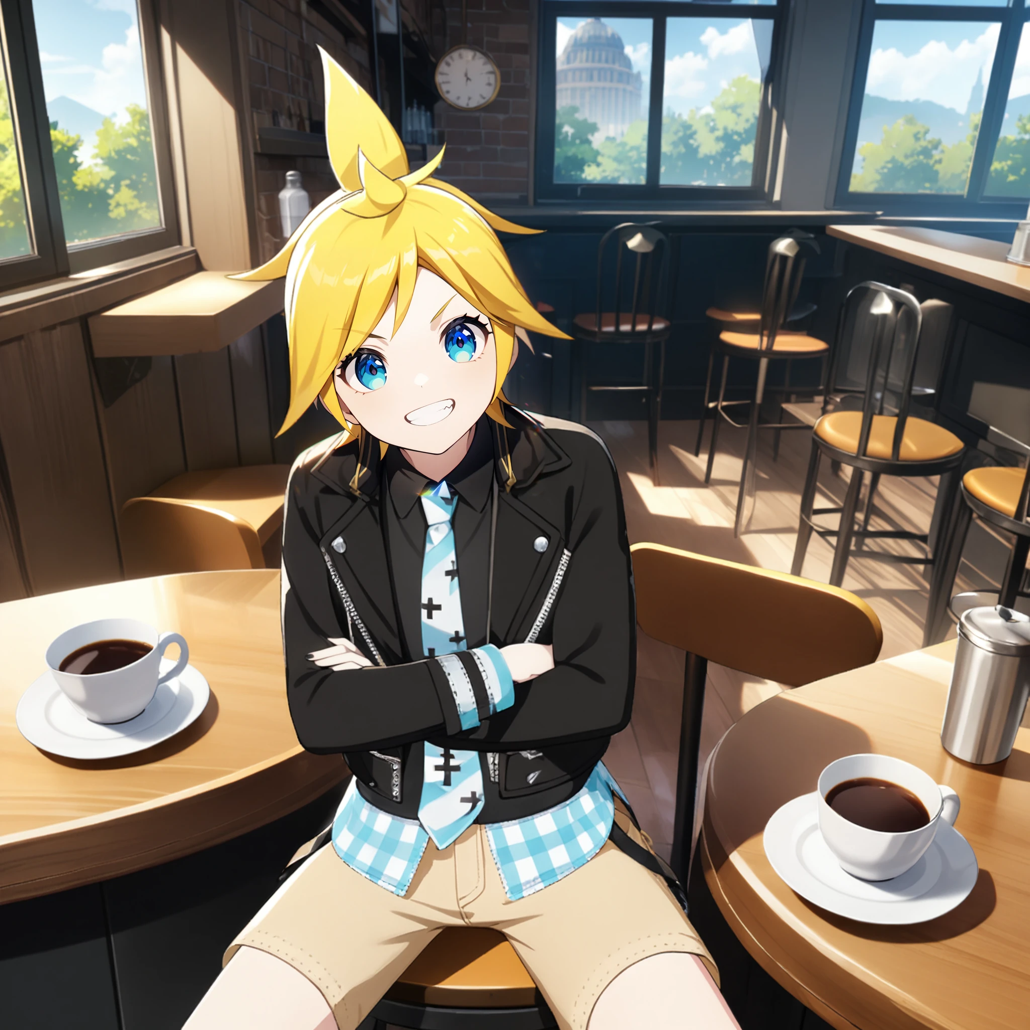 1boy, kagamine len, vocaloid, masterpiece, very aesthetic, absurdres, official art,
brandnew len, solo, yellow short hair, blue eyes, spike hair, blonde hair, 
(looking at viewer:1.4), from above, crossed arms, view straight on, serious, sitting on chair, BREAK
beige shorts, aqua necktie, black  jacket, black shirt, aqua plaid cuff, leather jacket, collared shirt, long sleeves, plaid necktie, open clothes, black suspenders, striped, 
in cafeteria, cups and saucers, bar counter, large window, trees, table, chair, sun light, day,  
 <lora:sdxl-vs-BNLen05:0.9:lbw=0,0,0.2,0.2,0,0.4,0.4,0,0.8,0.8,0,0,0,0.8,0.8,0.6,0.8,0.0,0.0,0.0,0,0,0,0,0,0>