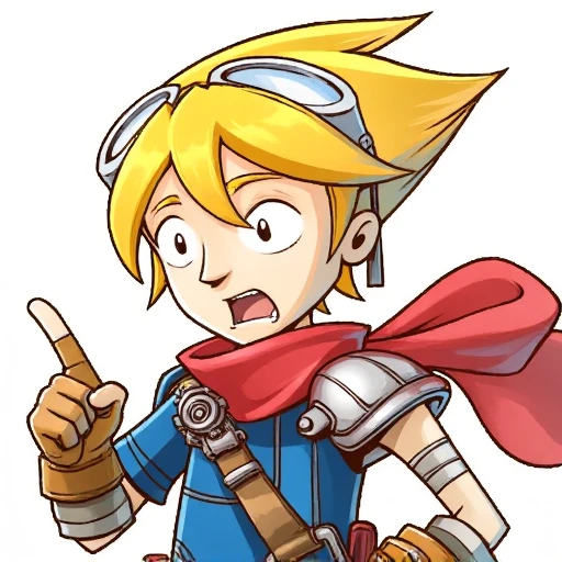 featuring a young adventurer. The character has bright yellow hair styled in a spiky, scarf, shoulder armor, and a bright red scarf that flows behind him, shocked expression, blue shirt, wind-blown manner, cartoon-style. The subject is a young, style parody, This is a digital drawing of a stylized, adventurous appearance. He has short, bright yellow hair styled in a pompadour. The boy is wearing a pair of white, cartoonish art style, goggles, gloves, pointed manner and wears a pair of white, looking at viewer, blonde hair, suggesting a mechanical or adventurous theme., spiked hair, surprised, windswept manner, 1boy, visable teeth