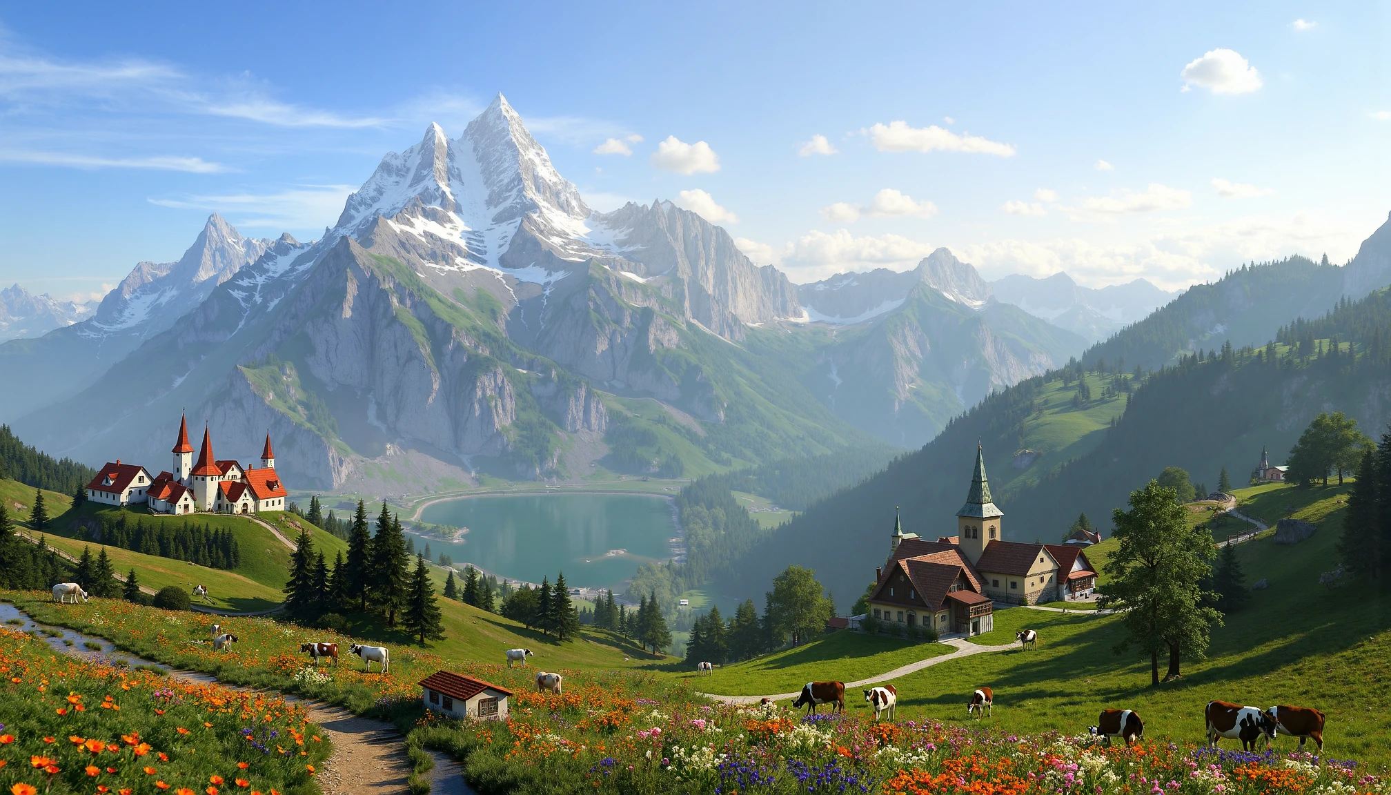 TRGN,3D, small mountain village with cows on the meadows and colorful flowers