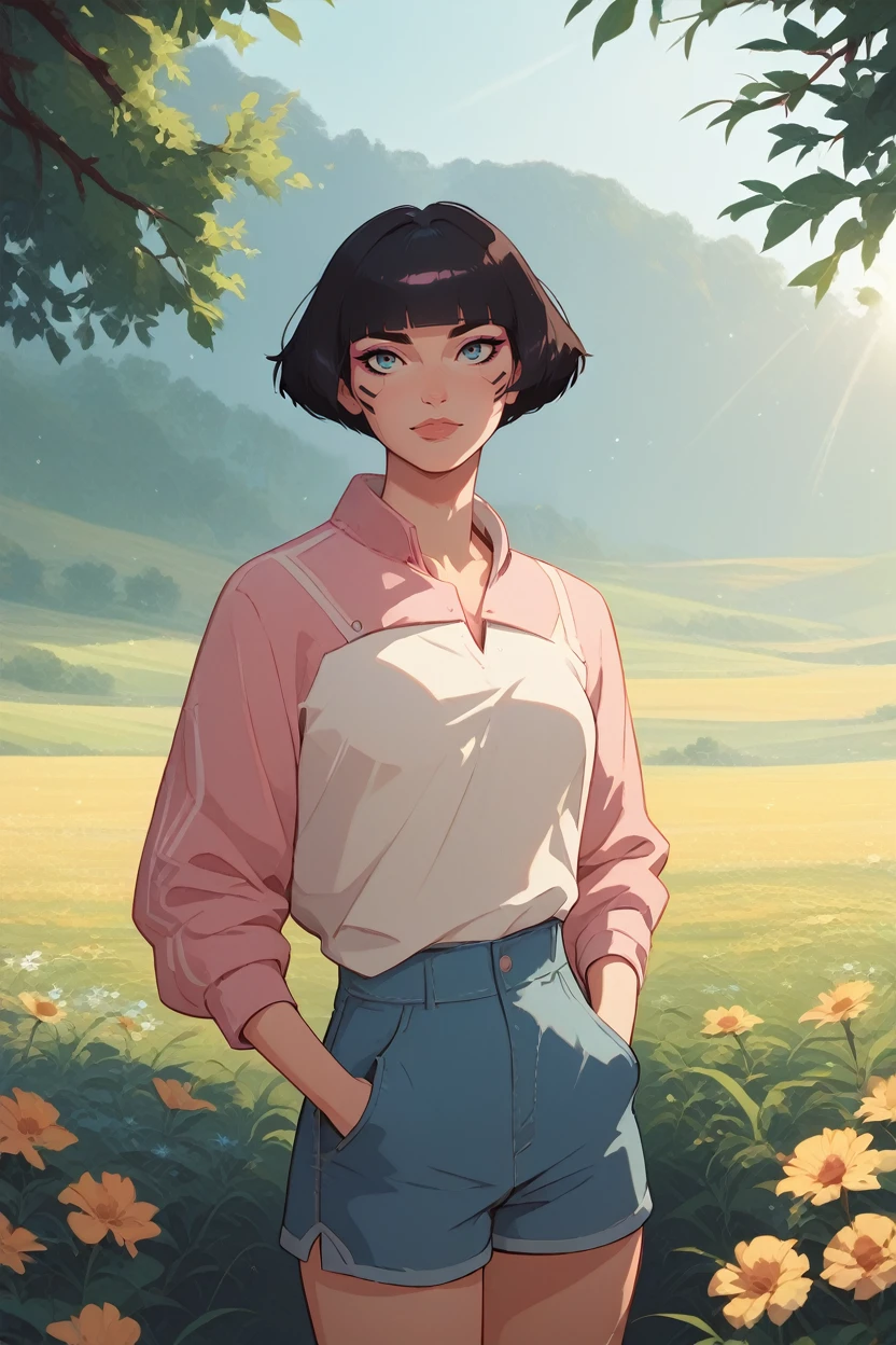 score_9, score_8_up, score_7_up, score_6_up
<lora:ERSasha:0.8>
ERSasha, 1girl, black hair, blunt bangs, blue eyes, looking at viewer, standing in a field of lavender, hands in pockets, slight breeze blowing hair, warm golden hour sunlight, serene and peaceful mood