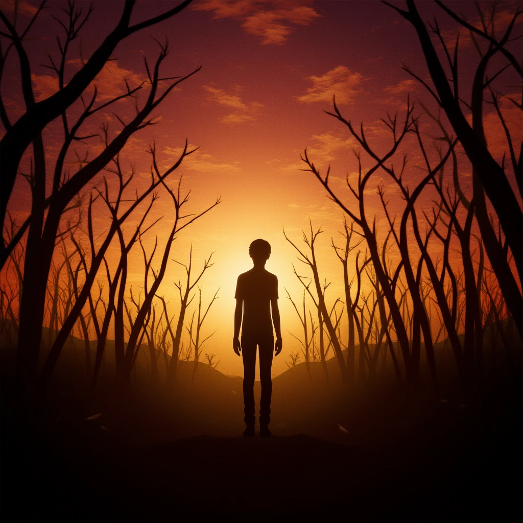 cinematic film still of  <lora:fine art photography style v1:0.8> fine art photography,
Juxtaposition of a silhouette person standing in the woods at sunset,solo,1boy,standing,male focus,outdoors,sky,from behind,tree,scenery,sunset,silhouette,bare tree Juxtaposition,artistic,photography,dramatic light,dramatic shadow light,contrast,saturated color,cinematic,filmic,photographic,realistic,realism,perfection,perfect,Juxtaposed,opposite,different things,side by side,syncretism,antithesis,Juxtaposition style,bare tree , creative, photorealism, hyperrealism, Fine art photography style, Fine art cinematic photography style, shallow depth of field, vignette, highly detailed, high budget, bokeh, cinemascope, moody, epic, gorgeous, film grain, grainy