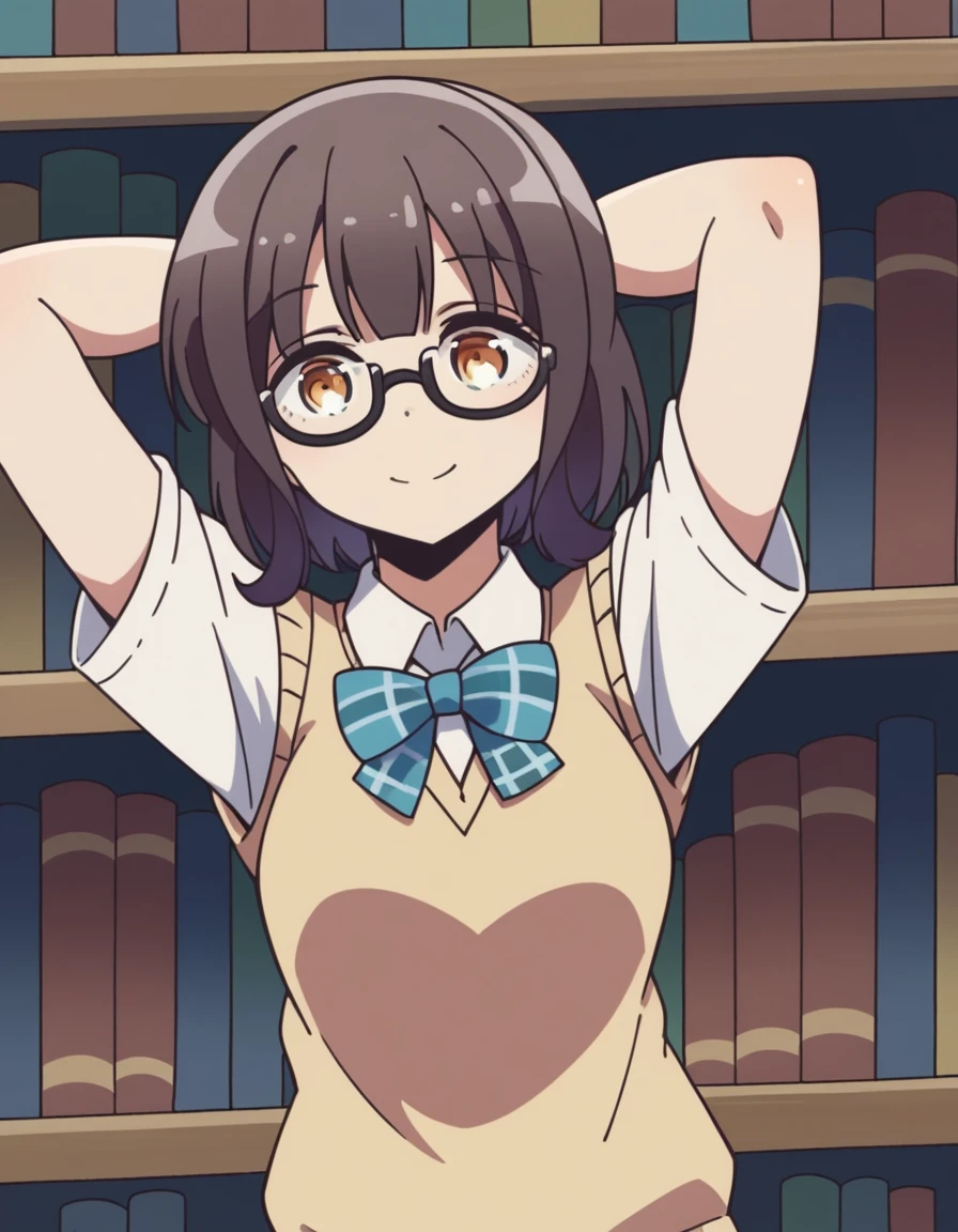 Cute naughty peasant girl, Pastel colors hair, medium breasts, Thighs, black hair, short hair, (low twintails), glasses, standard height, (anxious face:1,2、blush:1.2, quiet personality:1.2, shy), (naked), at the adventurer's guild, A bulletin board with posted paper