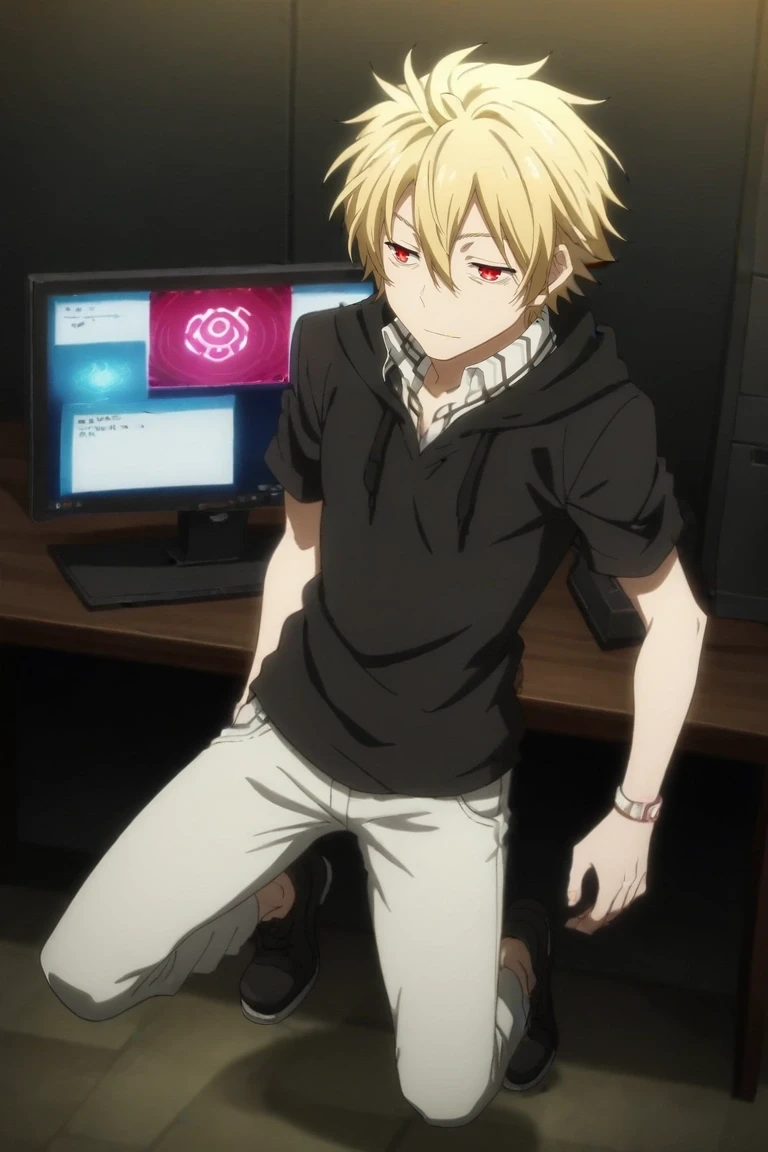 score_9, score_8_up, score_7_up, source_anime, rating_safe, , anime screencap, anime coloring, , , , 1boy, solo, male focus, <lora:king_of_despair_kekkai_sensen_pony:0.88>, king_of_despair_kekkai_sensen, blonde hair, red eyes, short hair, hair between eyes, wide angle, wide shot, full body, bedroom, computer monitor, dawn, jumping, seductive smile, , <lora:sdxl_lightning_8step_lora:1>