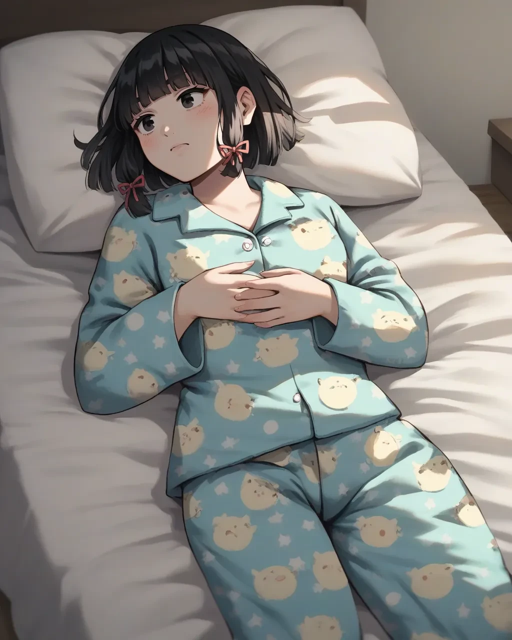 1girl, 独奏, medium , dark skinned girl:1.2, ,(dark skin:1.8), black hair, short hair, pixie cut, wavy hair, (((open eyes))),  wake up yawn, open mouth, covering mouth, pijamas, (white pajamas), window, morning, looking at viewer, sitting, seiza, waking up, on bed, full body,  ((ultra detailed, masterpiece, best quality, 8K)),(Urine-stained futon,Pee-stained futon,Steam from crotch,Hospital room,Urine vapor),((Open your eyes)),huge breastsn your eyes,Open only one eye,Surprised face)),cheek,(6yo),NSFW,(((llegirl))),puffy nipples,(((n paja
