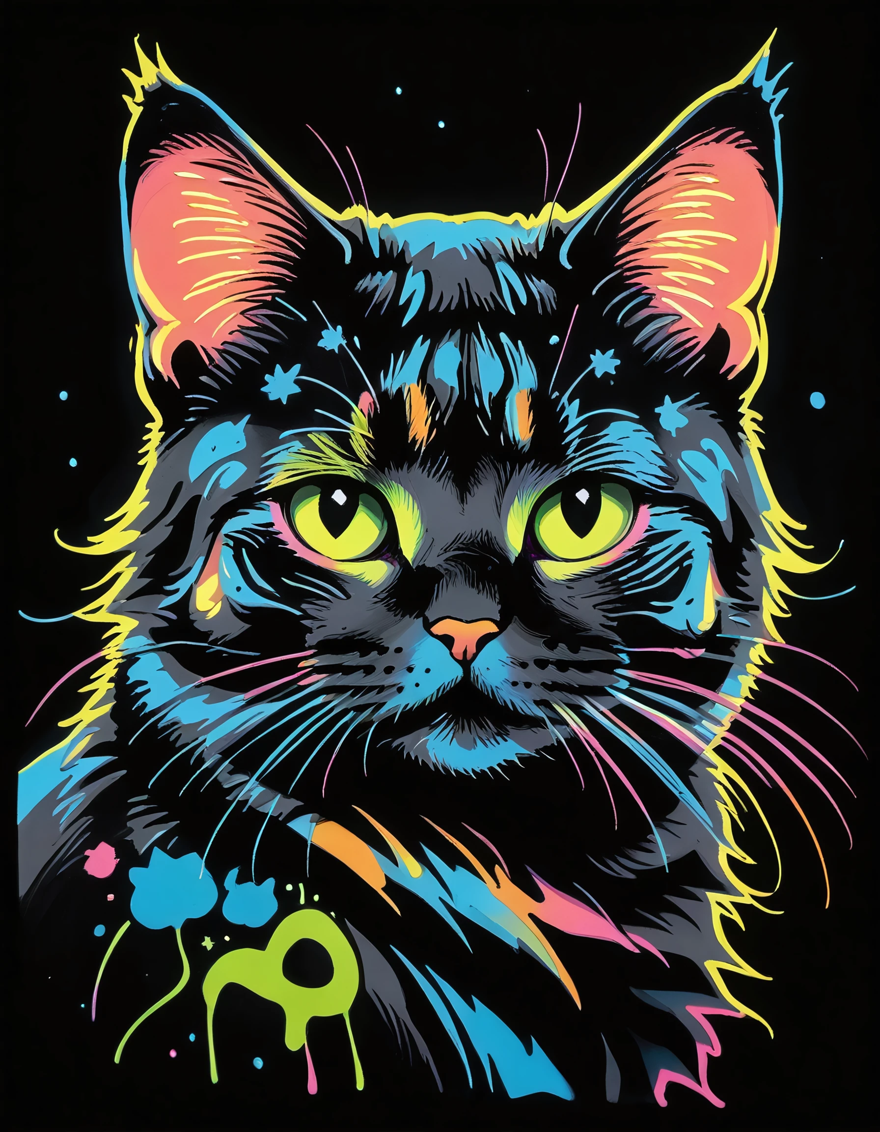 (score_9, score_8_up, score_7_up),neon graffiti,black background,album cover of a cute cat