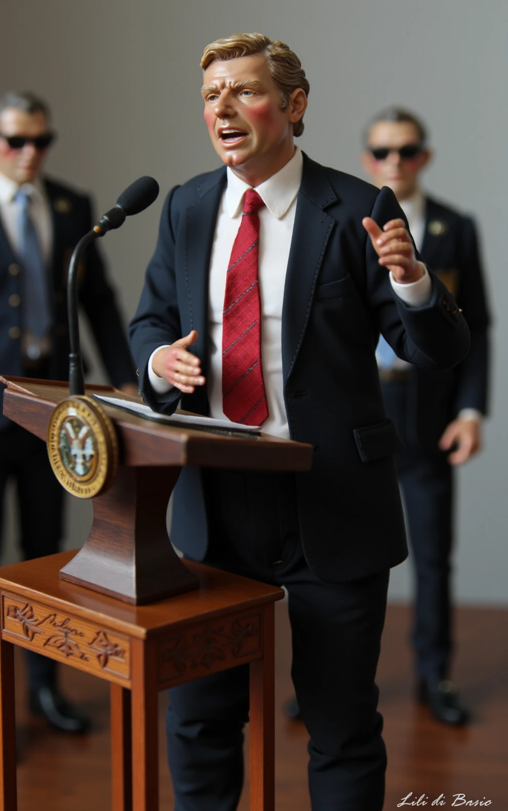 St4tue, full body, figurine of president Trump speaking at the president podium, the podium has the seal of the united states, next the president there are 2 secrets agents in black suits and sunglasses the image is high resolution, the image is very detailed