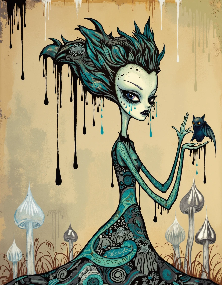 crga, woman with cartoonishly long neck and thin waist with three arms one has an own perched on it she has a bat in her hair there are long teal and black tear streaks coming out of her eyes in wavy lines black and silver drip from the top, there is a collage of patterns blended into the beige painted background, long silver mushrooms