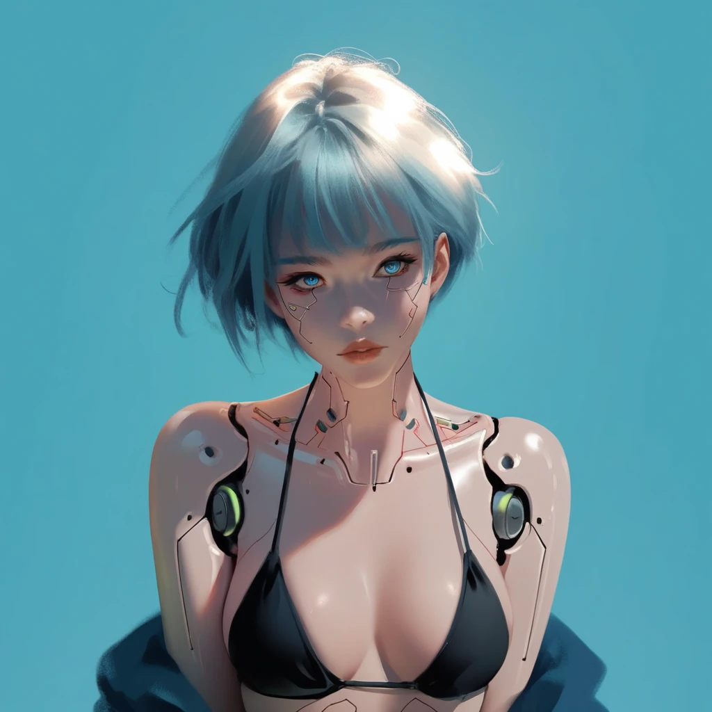 score_9, score_8_up, score_7_up,  wl0p4rt,wlopArtStyle,wlop Art Style,1girl, solo, breasts, looking at viewer, short hair, bangs, blue eyes, large breasts, bare shoulders, medium breasts, blue hair, swimsuit, upper body, white hair, bikini, parted lips, mole, lips, makeup, black bikini, blue background, science fiction, android, joints, cyborg, robot joints, cyberpunk, mechanical parts,