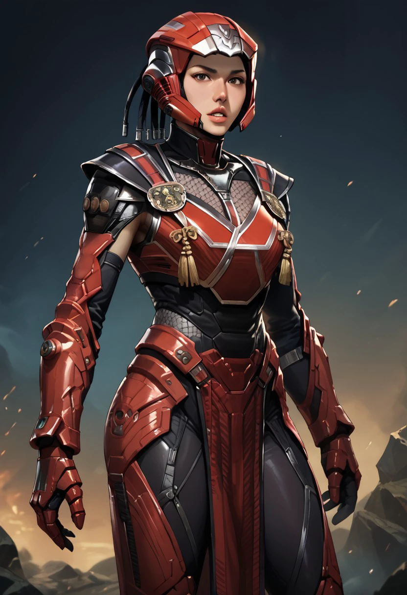 score_9, score_8_up, score_7_up, score_6_up, source_realistic, BREAK 1girl, solo, sektor, helmet, parted lips, black bodysuit, red body armor, gauntlets, leg armor, boots, pelvic curtain, standing,