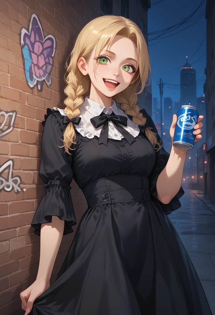 score_9, score_8_up, score_7_up,
masterpiece, best quality, detailed, amazing quality,
detailed background, city, night, dark, graffiti,
detailed eyes, clean eyes,
dynamic pose, leaning onto a wall, flirty, laughing,
solo, 1girl, woman, long hair, green eyes, blonde hair,
easynegative,
jiraikei, frilly, bow, ribbon, braids, black dress,
holding can,