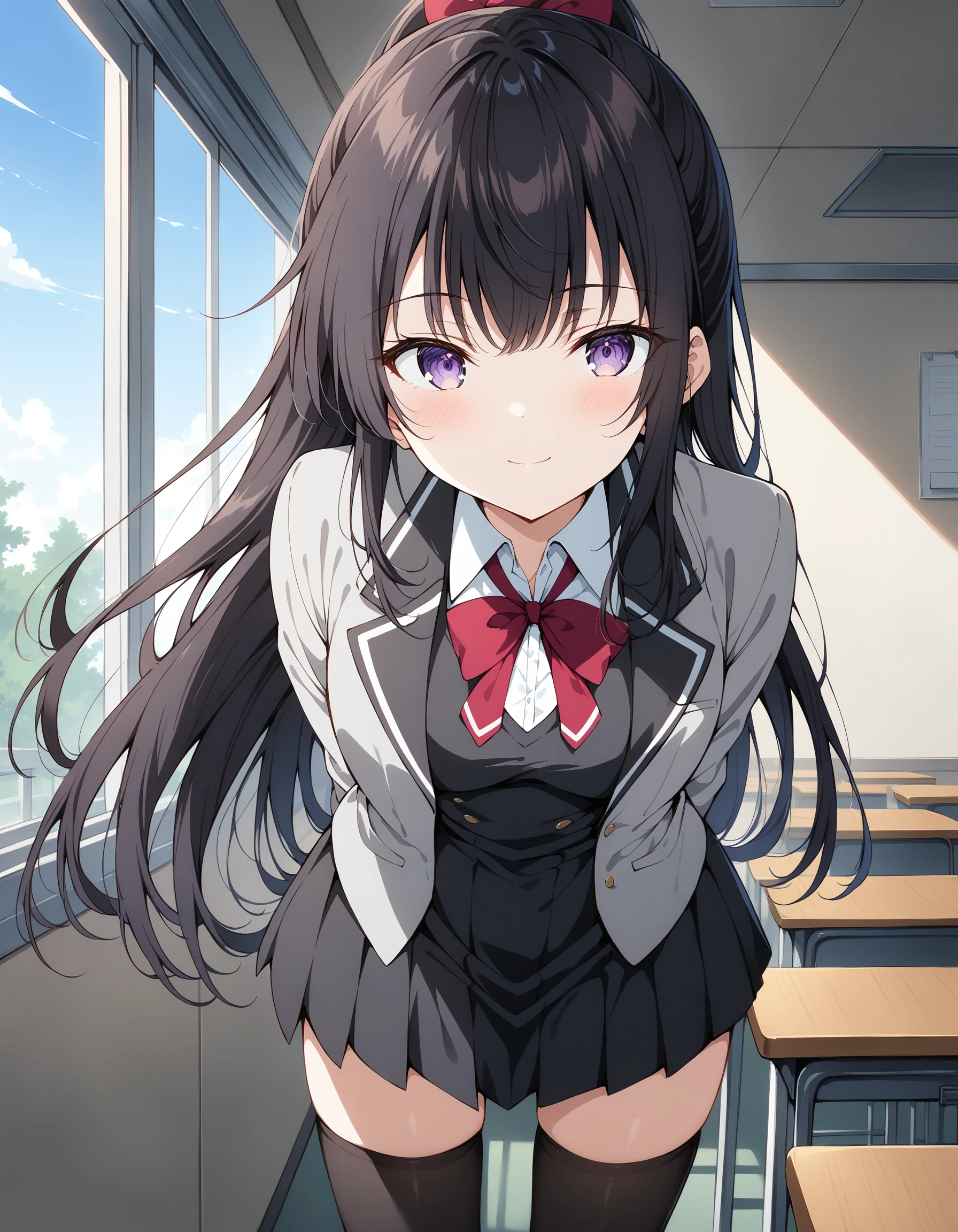 suouyuki_imoto, purple eyes, black hair, long hair, ponytail,
red bow, white shirt, collared shirt, black vest, button, black dress, black thighhighs,
looking at viewer, cowboy shot, indoors, classroom, windows, blue sky, inviting, light smile,
leaning forward, arms at back, hand to mouth, school uniform, grey jacket, open jacket, long sleeves,
best quality, masterpiece,
<lora:hinaYukiSuou_pony_sdxl_wifu_v3-rev12:0.9>