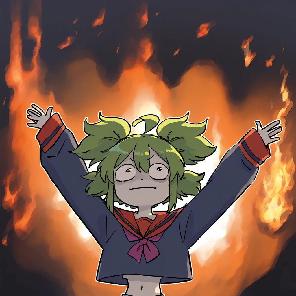 <lora:0-SHAME v2:1> uksrtshame, 1girl, solo, green hair, twintails, sleeves past wrists, school uniform, ahoge, midriff
 <lora:ElmoRiseMeme_pdxl_Incrs_v1:1> arms up, fire, outstretched arms, upper Body, burning