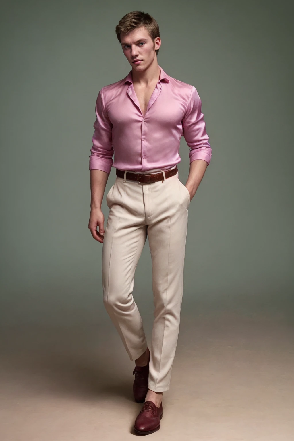 <lora:sc_doug_sd15_epoch_7:0.8> muscular, caucasian male dgperson wearing a [coral|teal:0.5] silk shirt and trousers and brogue shoes, wearing a watch, elegant photoshoot, belt, relaxed confident pose,  shot by Mario Testino, modern minimalism, soft diffused lighting