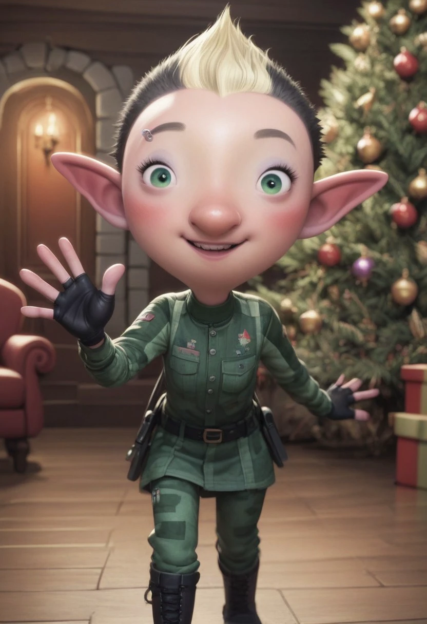 Bryony Shelfley, 1girl, elf, female elf, petite, black short hair, blond mohawk, pointy ears, elf ears, fingerless gloves, miliary uniform, black boots, piercing on right eyebrow, green eyes, small eyes, big nose, blush, score_8_up, score_7_up, BREAK, 1girl, solo, looking at viewer, cute, smiling, smug, walking, waving at viewer, female focus, looking at viewer, christmas tree on background, detailed background, 4k, masterpiece, best quality, highly detailed, realistic, full shot